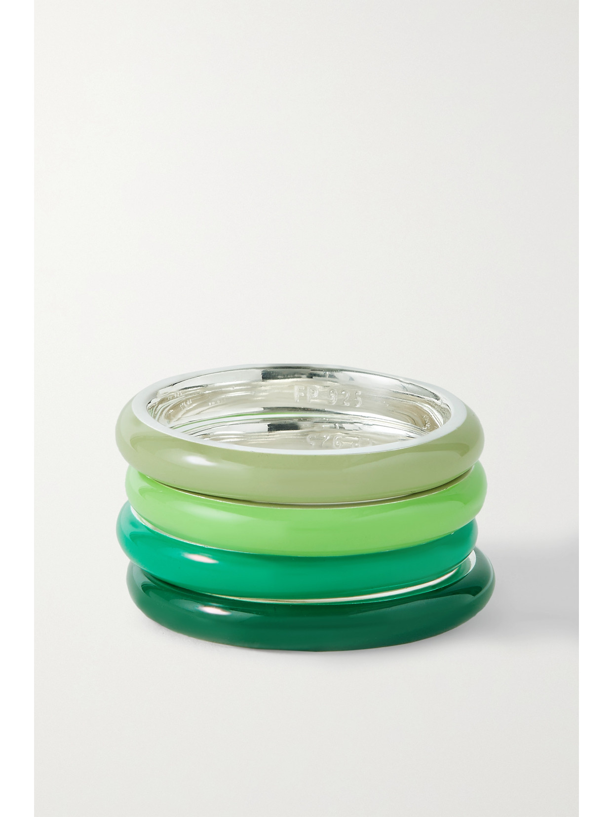 Fry Powers Ombré Set Of Four Sterling Silver And Enamel Rings In Green Ombre