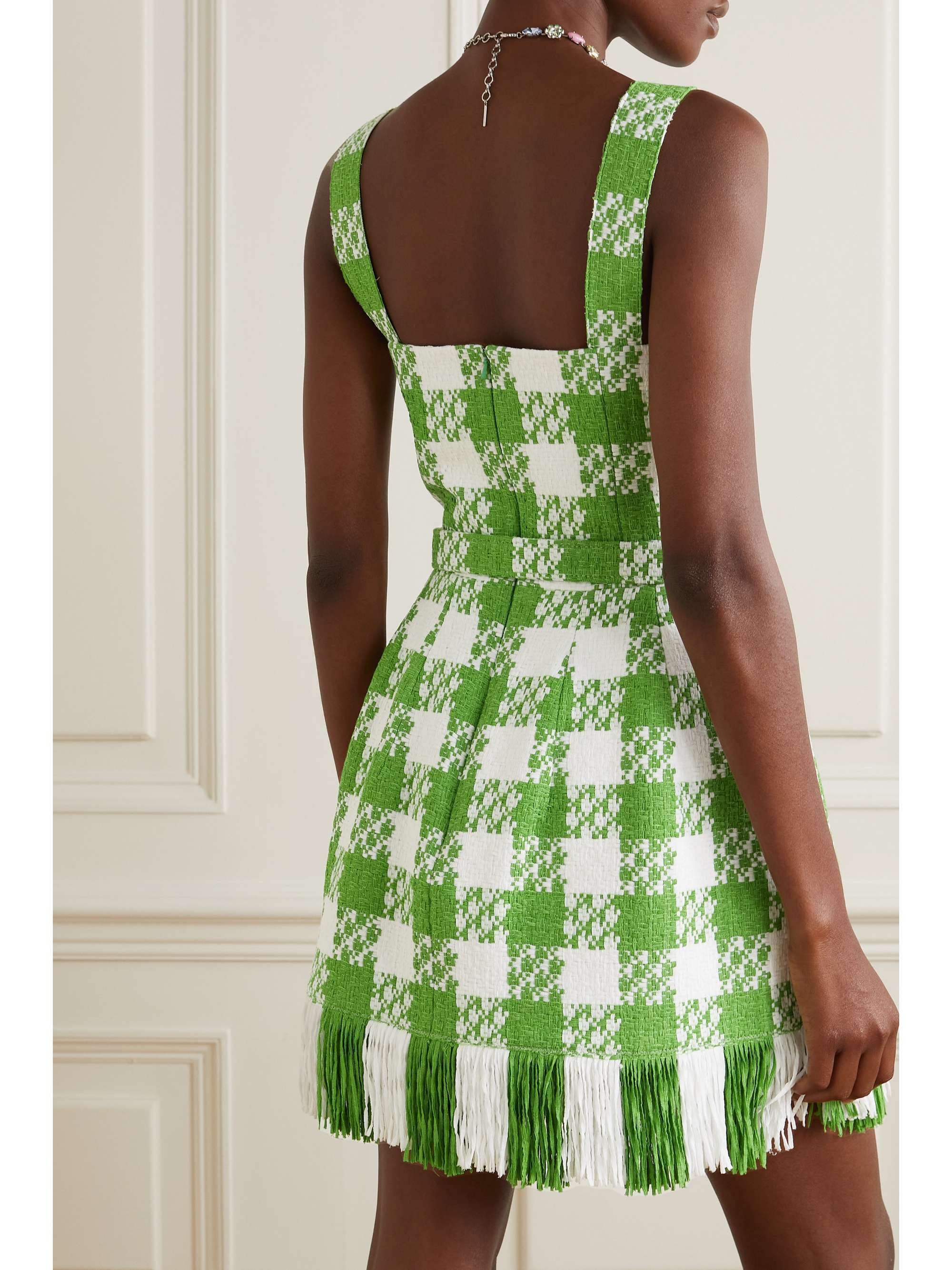 OSCAR DE LA RENTA Belted fringed checked cotton-blend tweed mini dress