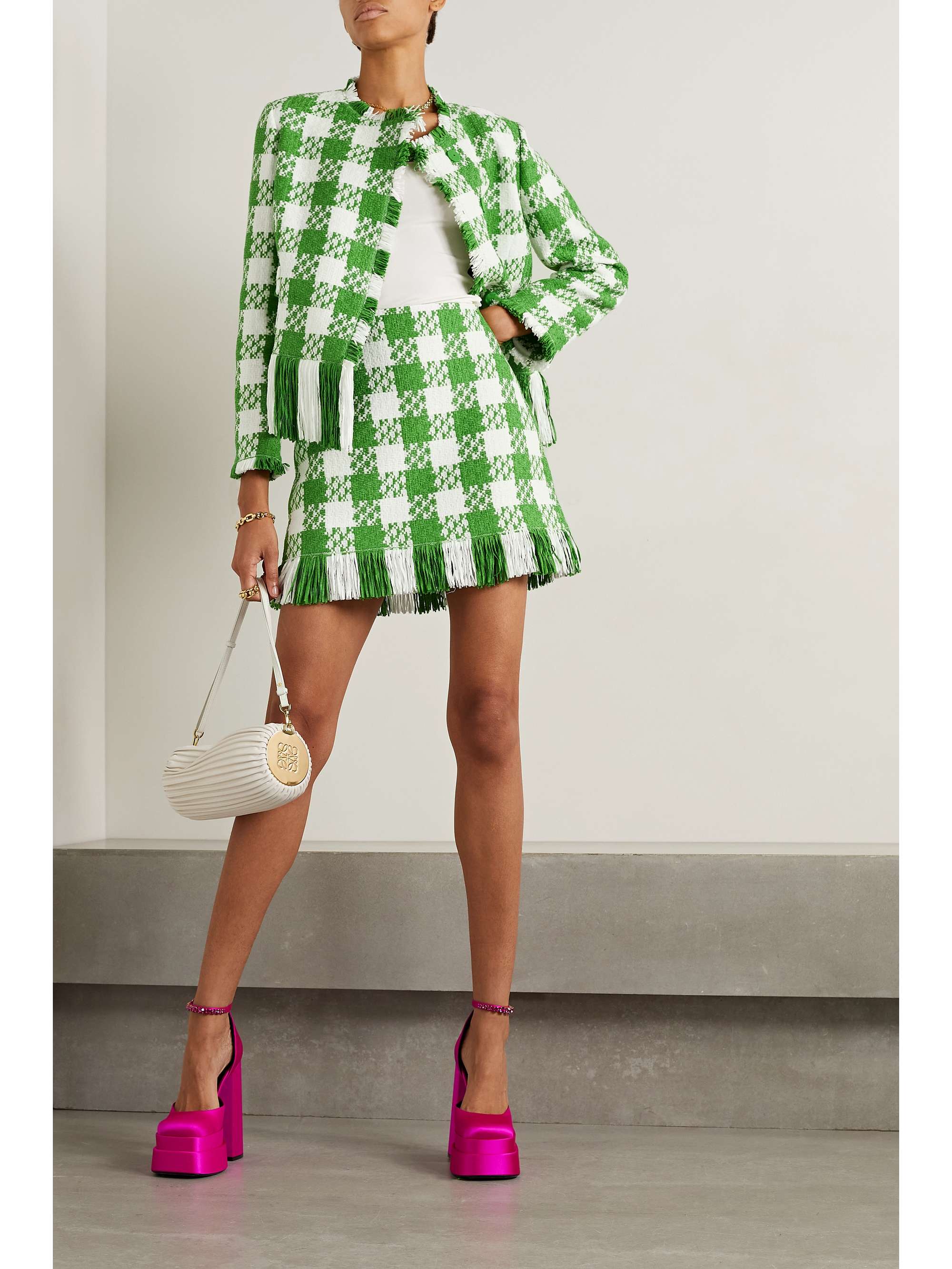 OSCAR DE LA RENTA 流苏格纹棉质混纺花呢迷你半身裙