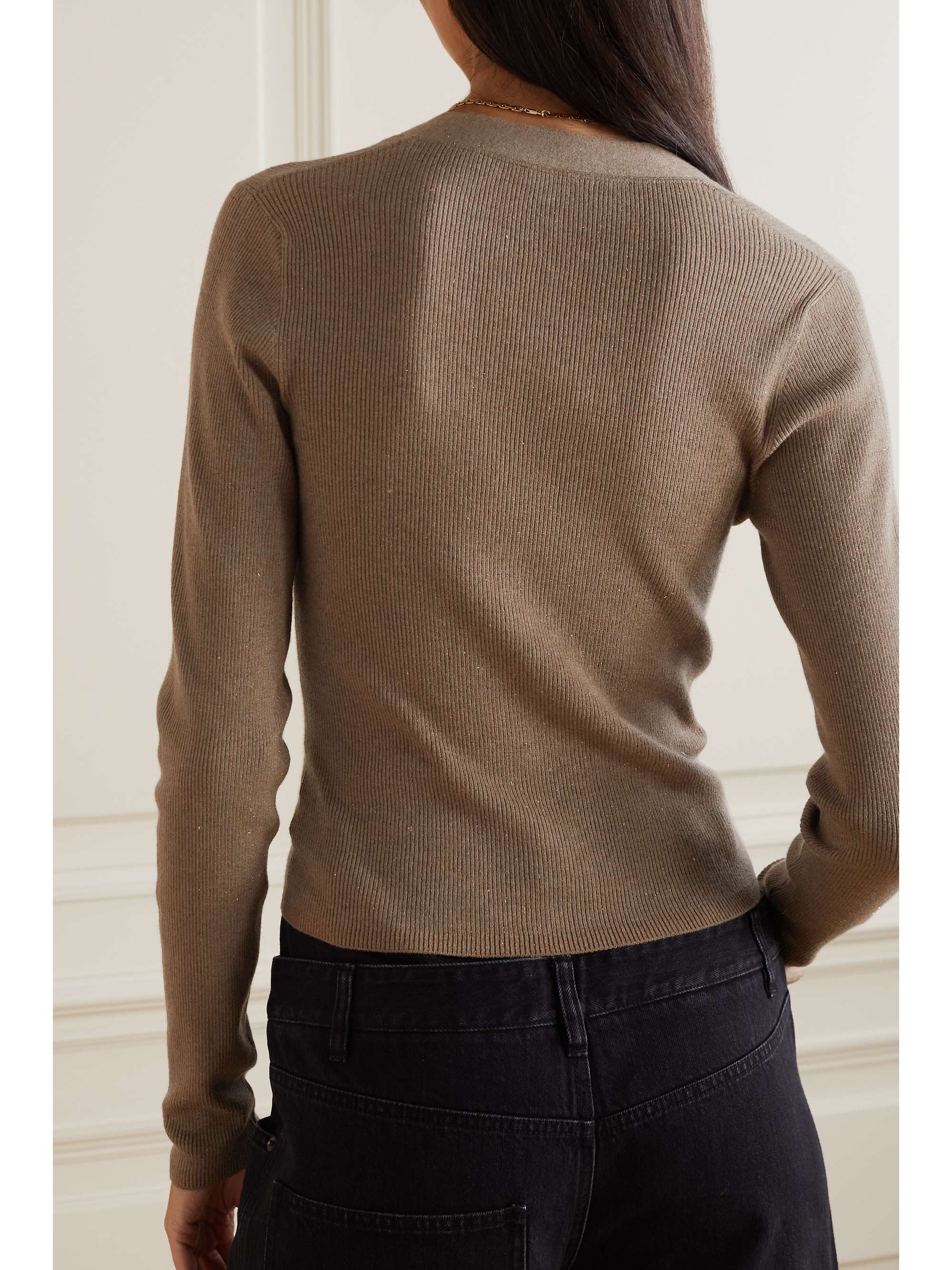 Beige Metallic ribbed-knit cardigan 