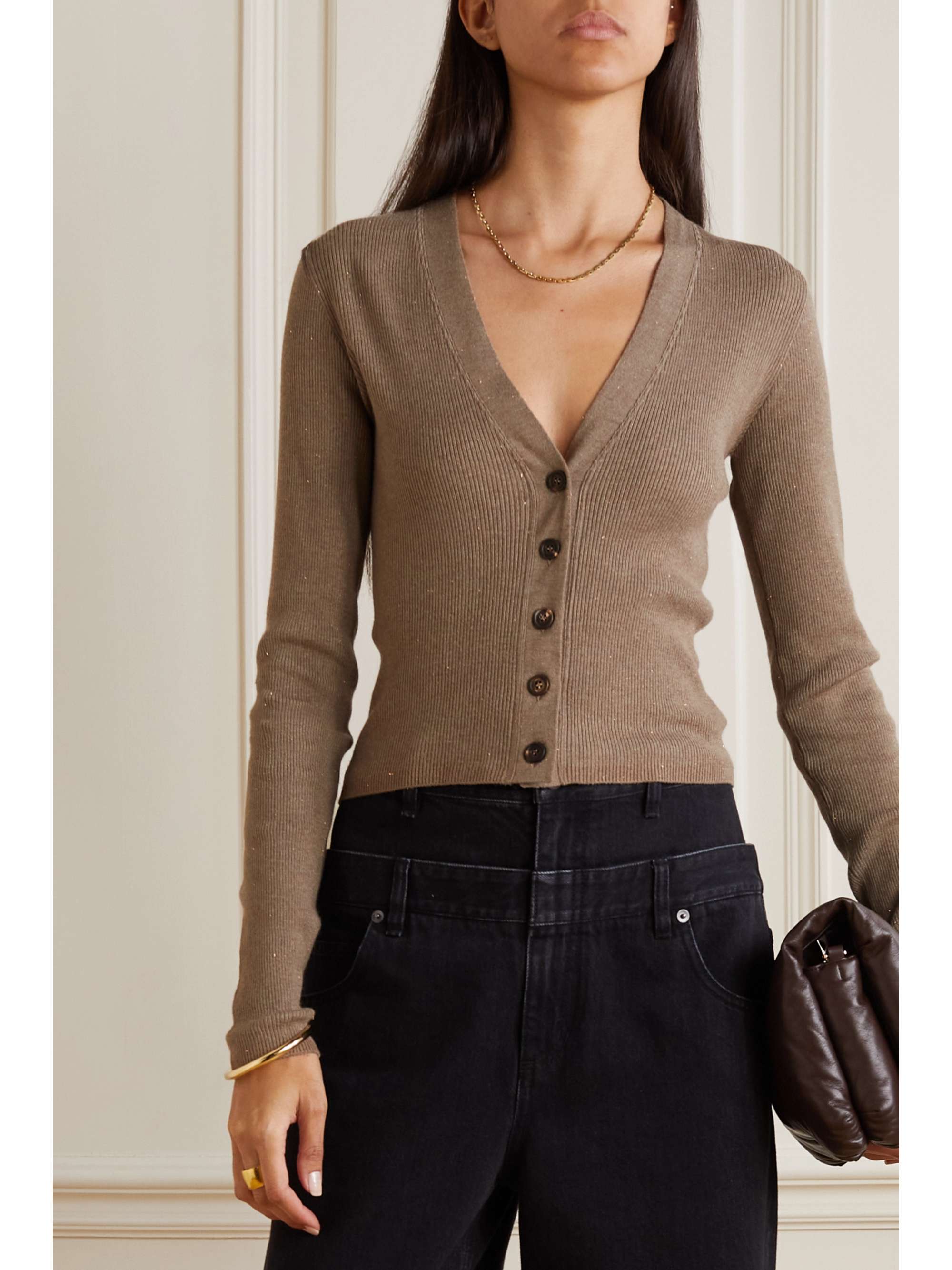 Beige Metallic ribbed-knit cardigan 