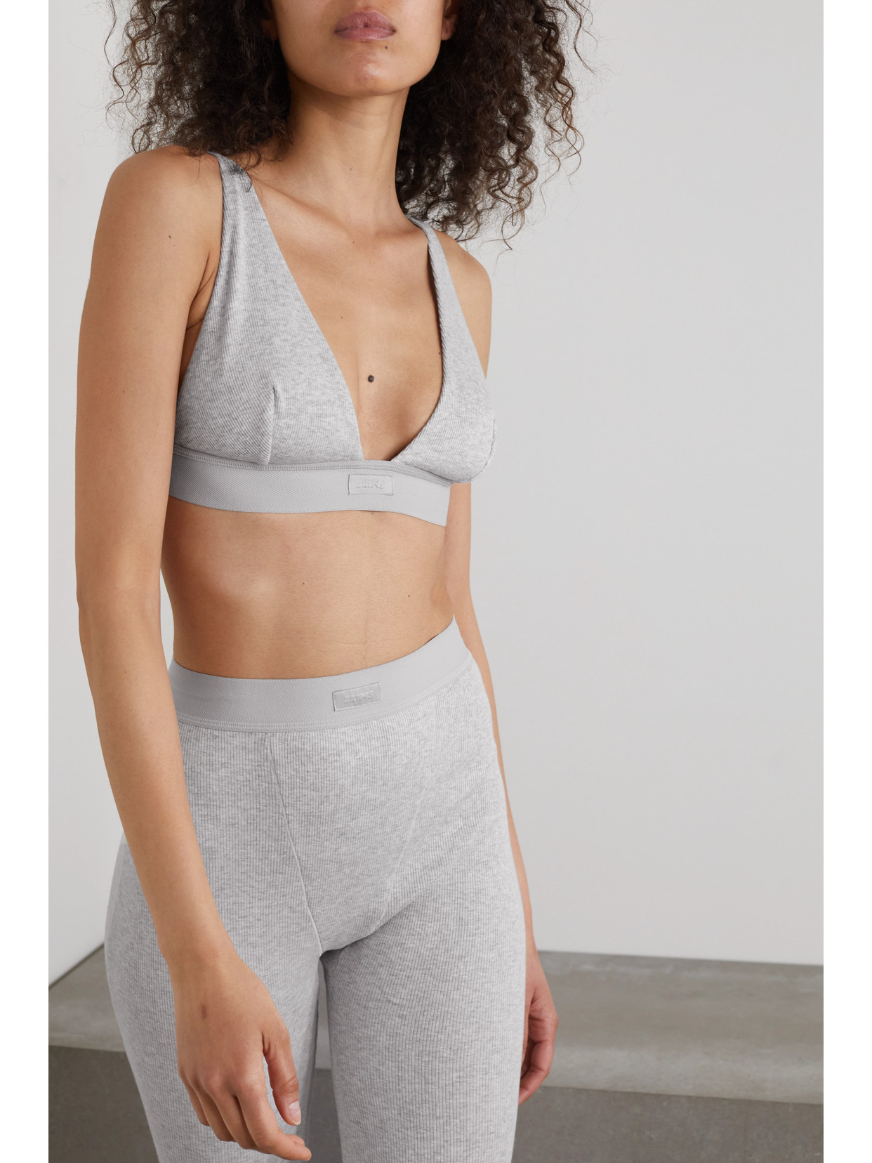 Shop Skims Plunge Ribbed Cotton-blend Jersey Bralette In Gray