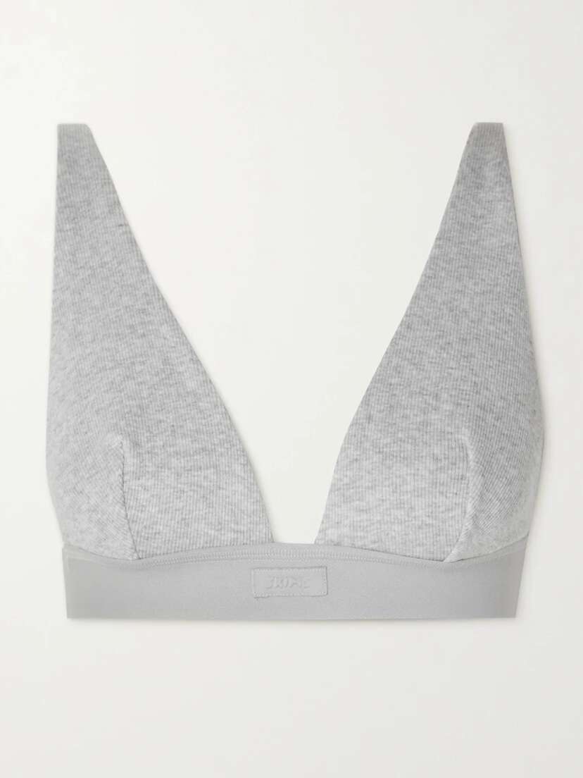 Skims Plunge Ribbed Cotton-blend Jersey Bralette - Light Heather Grey