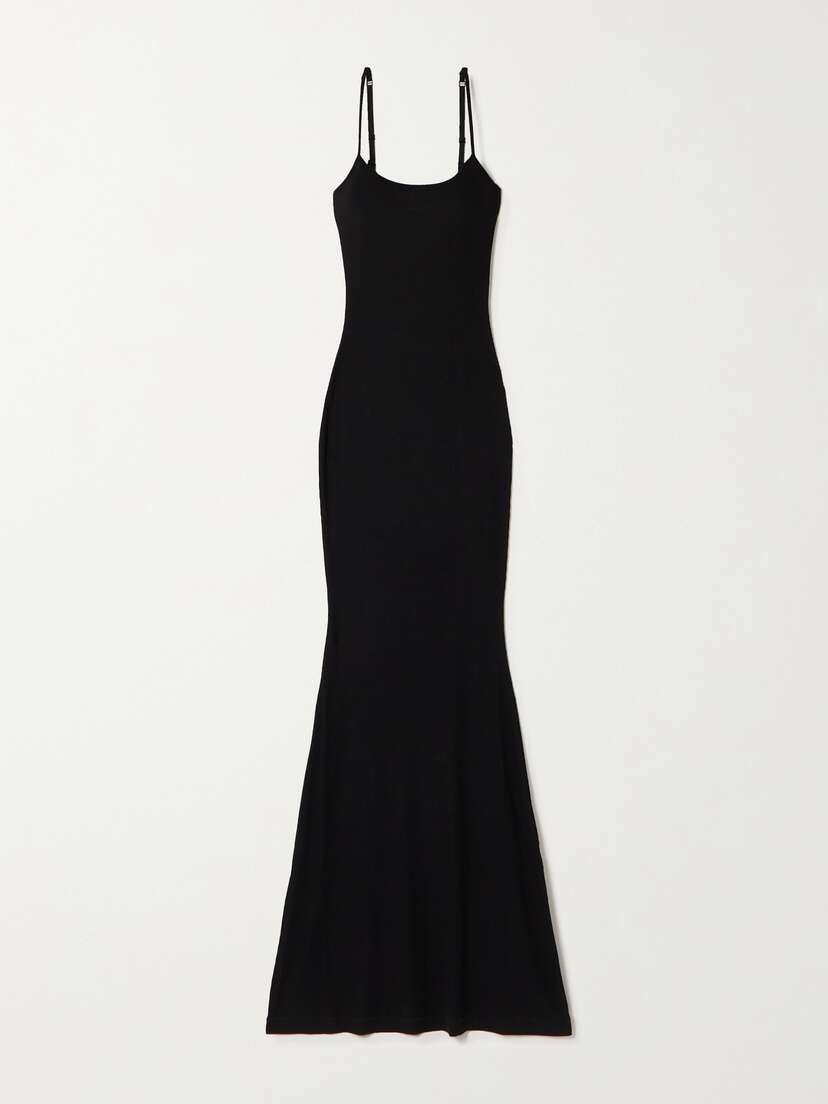 Skims Soft Lounge Ribbed Long Stretch-modal Slip Dress - Onyx