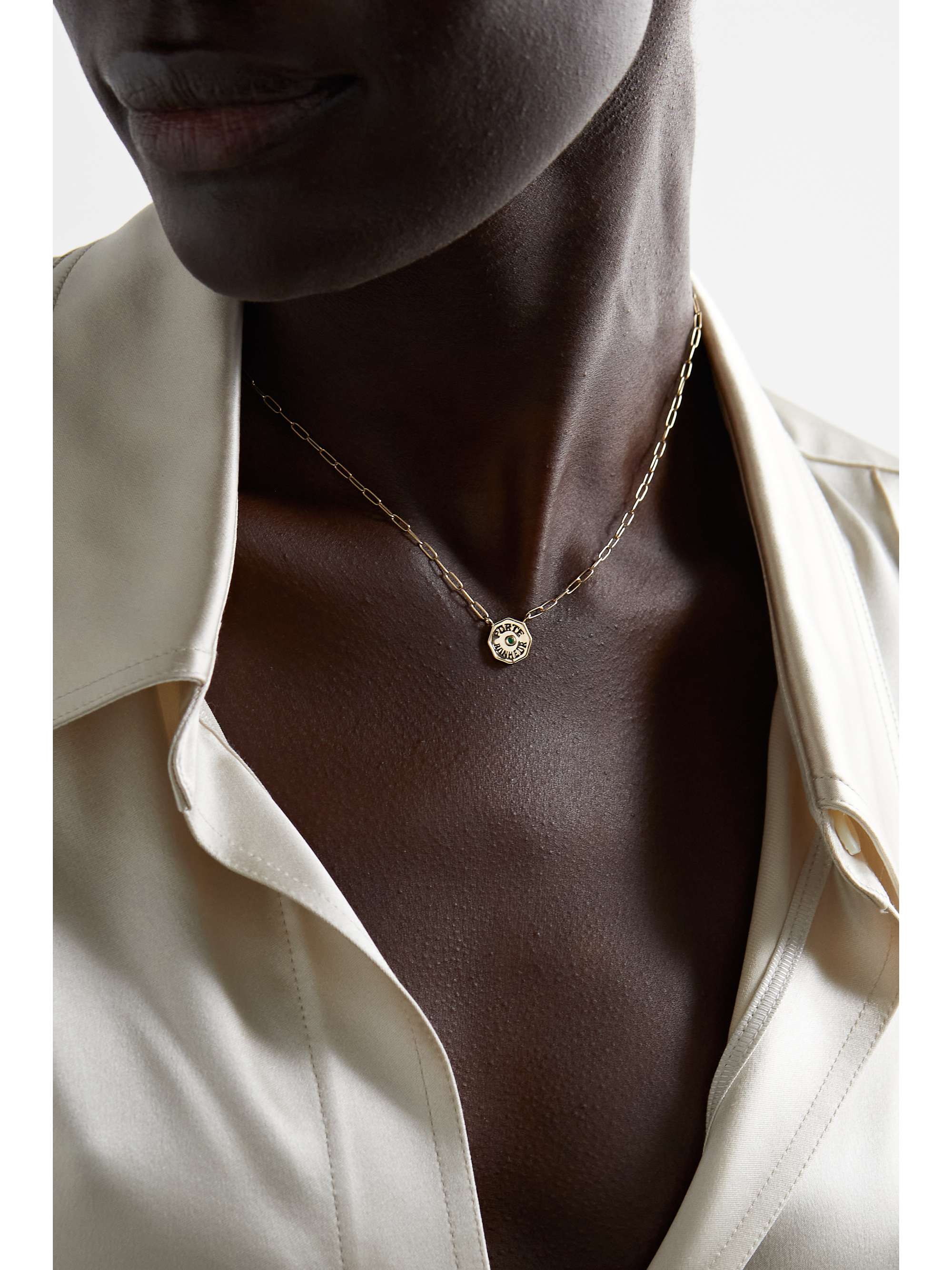 MARLO LAZ Wee Porte Bonheur Coin 14-karat gold, enamel and sapphire necklace