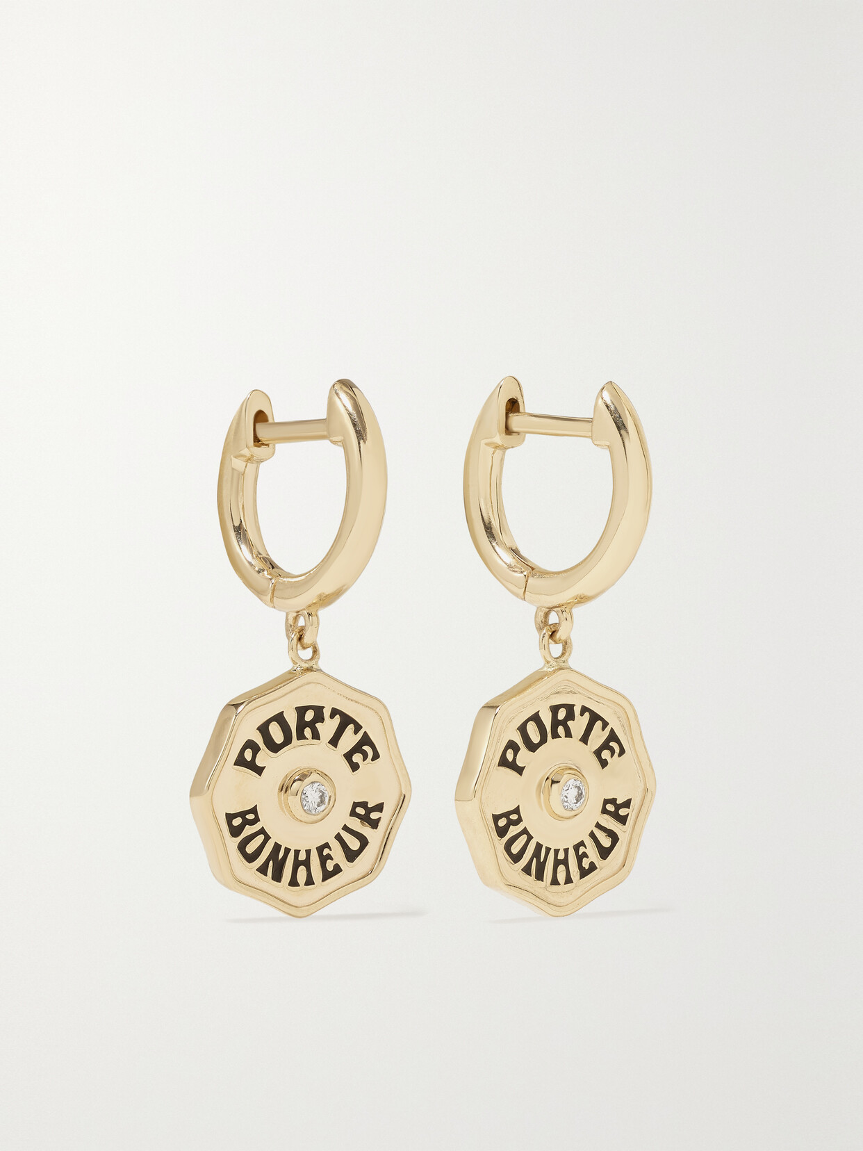 MARLO LAZ WEE PORTE BONHEUR 14-KARAT GOLD, ENAMEL AND DIAMOND HOOP EARRINGS