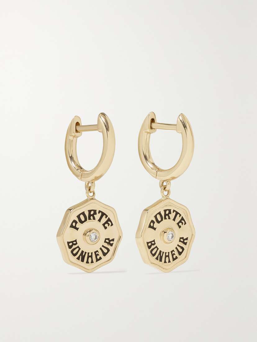 Marlo Laz Wee Porte Bonheur 14-karat Gold, Enamel And Diamond Hoop Earrings