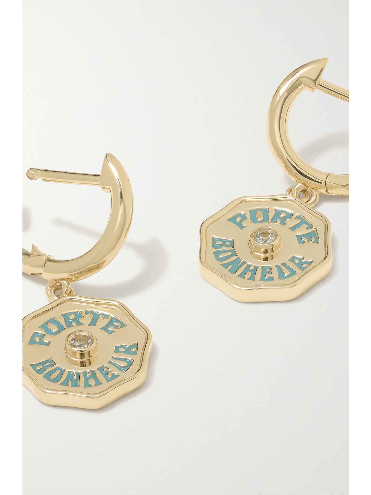 Marlo Laz Wee Porte Bonheur 14-karat Gold, Enamel And Aquamarine Hoop Earrings In Gold