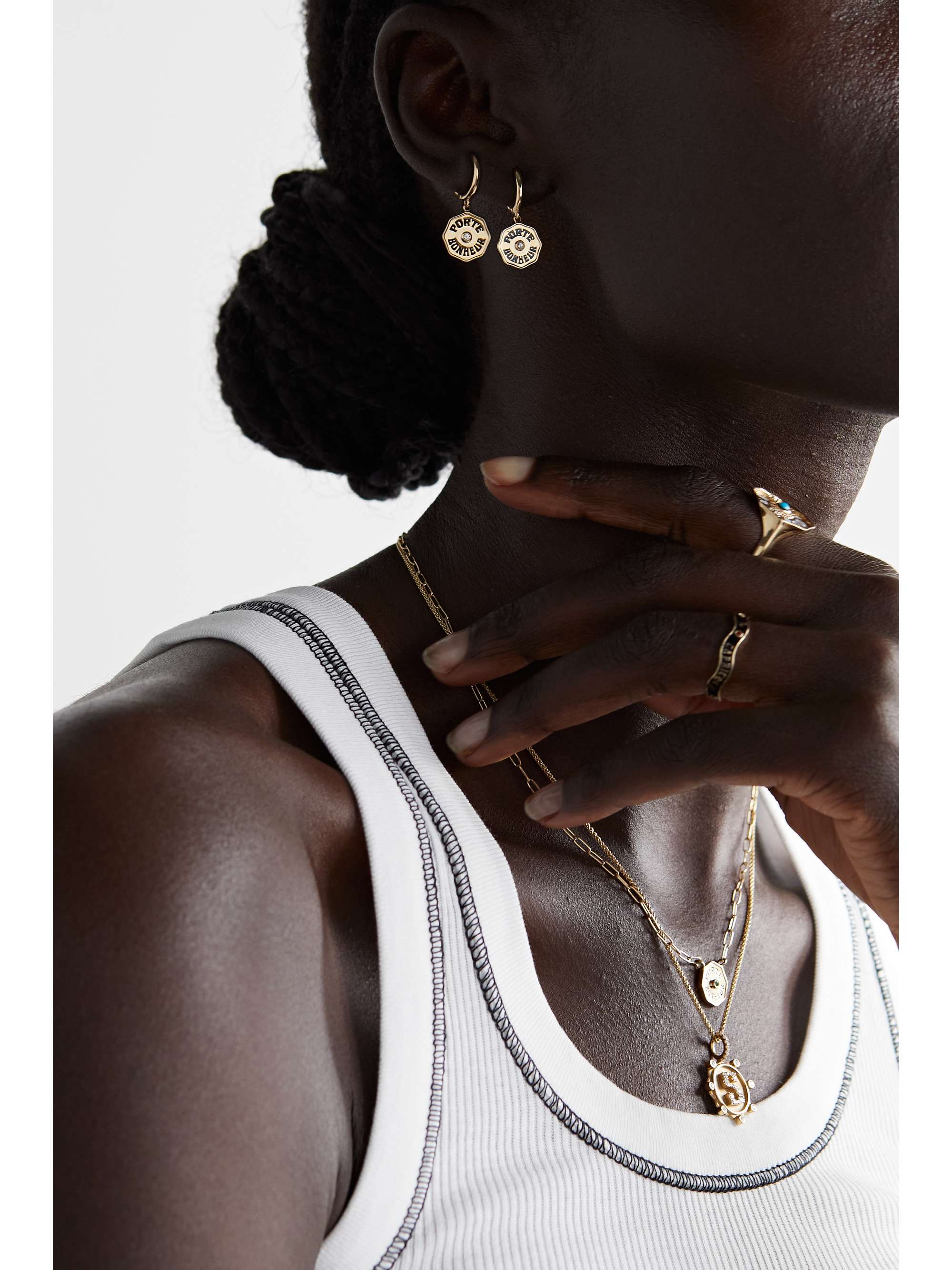 MARLO LAZ Wee Porte Bonheur 14-karat gold, enamel and diamond hoop earrings
