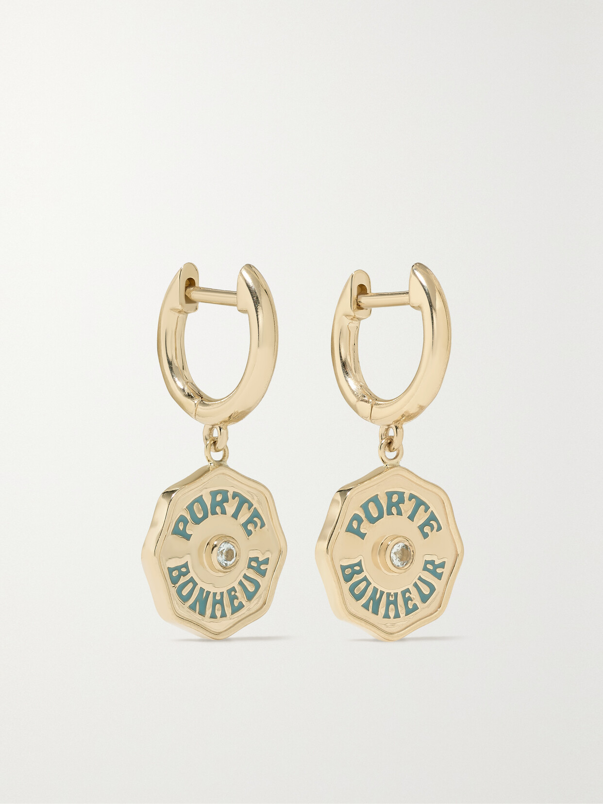 Marlo Laz Wee Porte Bonheur 14-karat Gold, Enamel And Aquamarine Hoop Earrings