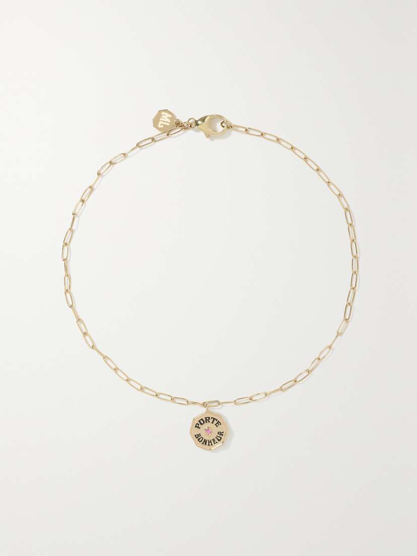 Marlo Laz Wee Porte Bonheur Coin 14-karat Gold, Enamel And Sapphire Anklet