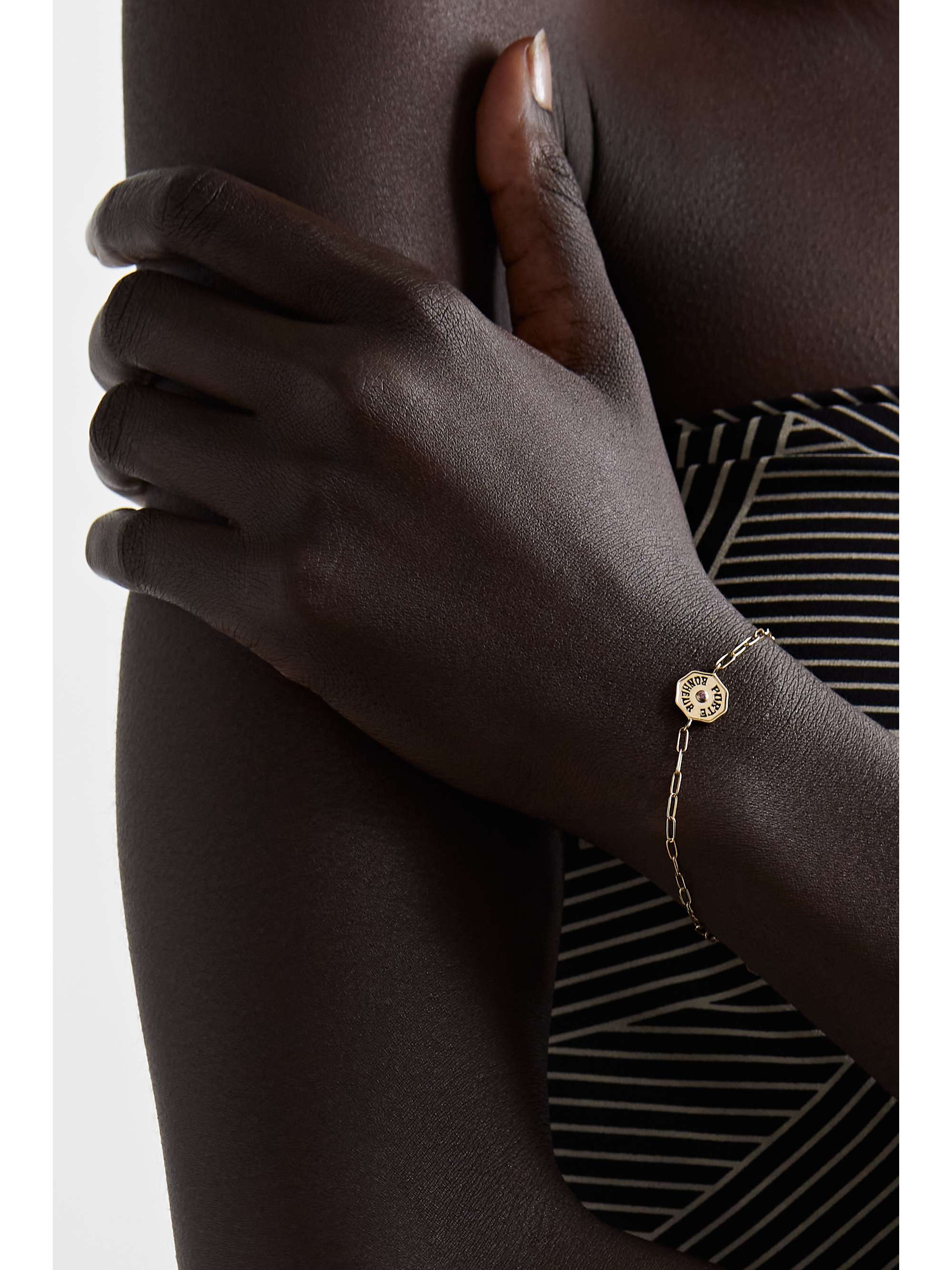 MARLO LAZ Wee Porte Bonheur Coin 14-karat gold, enamel and sapphire bracelet