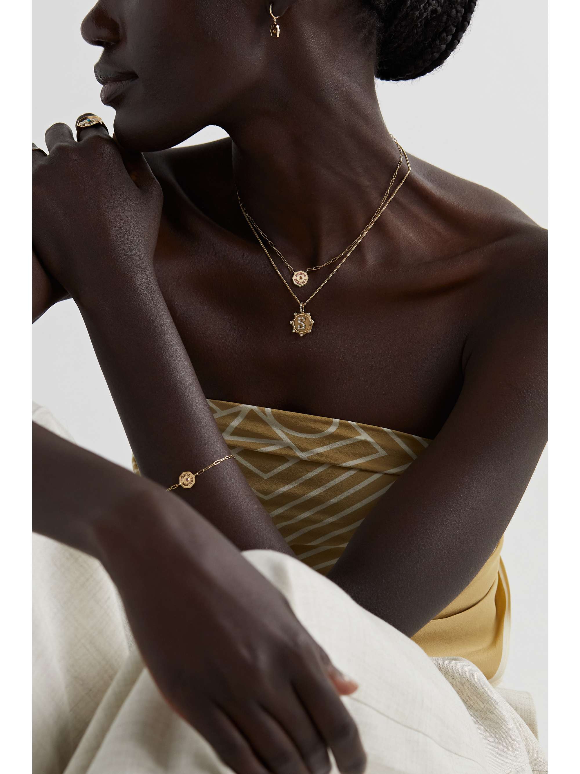 MARLO LAZ Wee Porte Bonheur Coin 14-karat gold, enamel and sapphire necklace