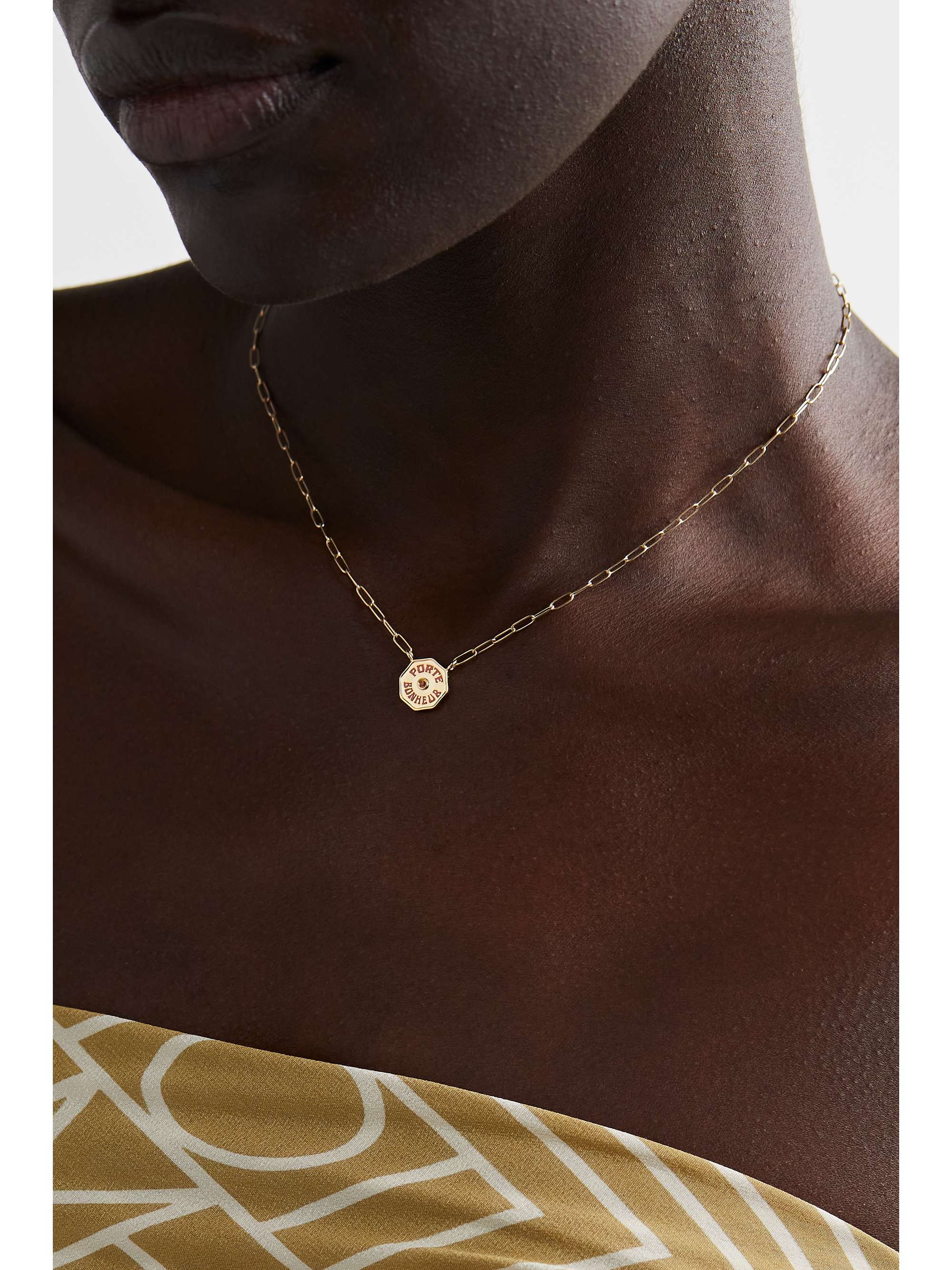 MARLO LAZ Wee Porte Bonheur Coin 14-karat gold, enamel and sapphire necklace