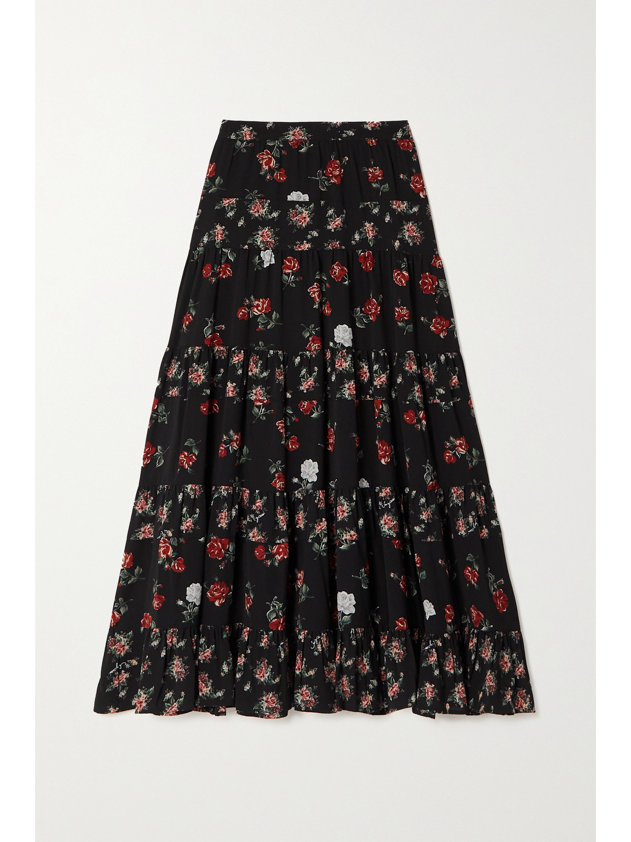 See By Chloé Juliette Tiered Floral-print Recycled Crepe De Chine Midi Skirt In Black