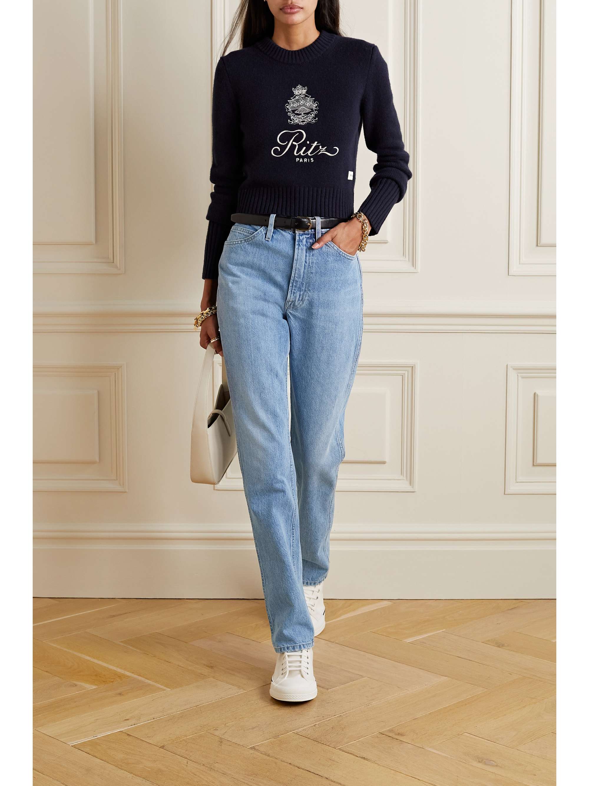 FRAME + Ritz Paris appliquéd highrise straightleg jeans NETAPORTER