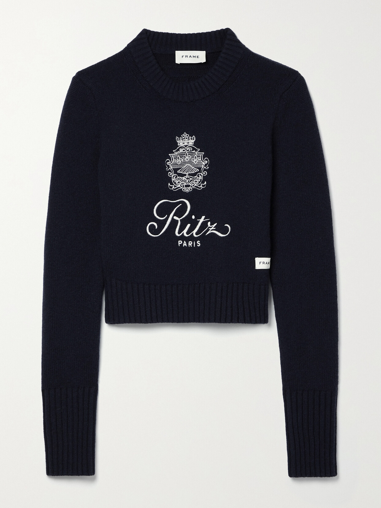 FRAME - + Ritz Paris Cropped Embroidered Cashmere Sweater - Blue