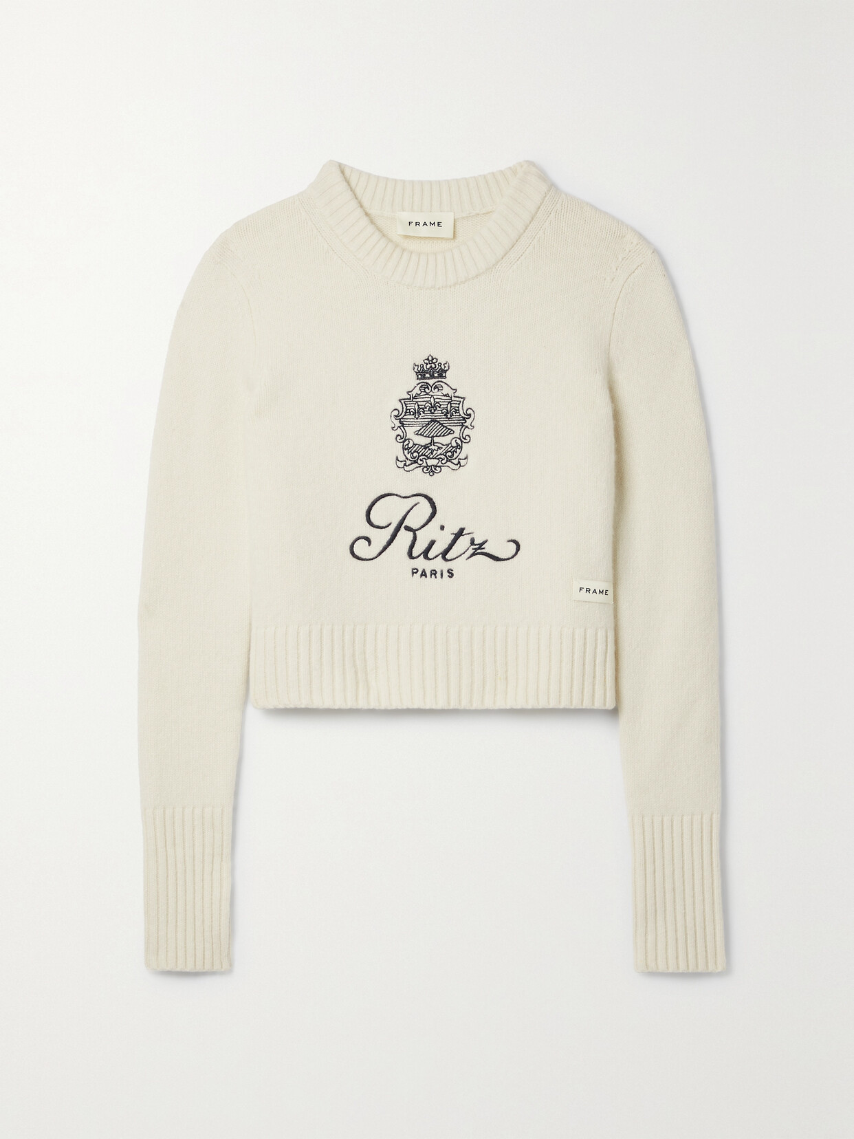 Shop Frame + Ritz Paris Cropped Embroidered Cashmere Sweater In Off-white