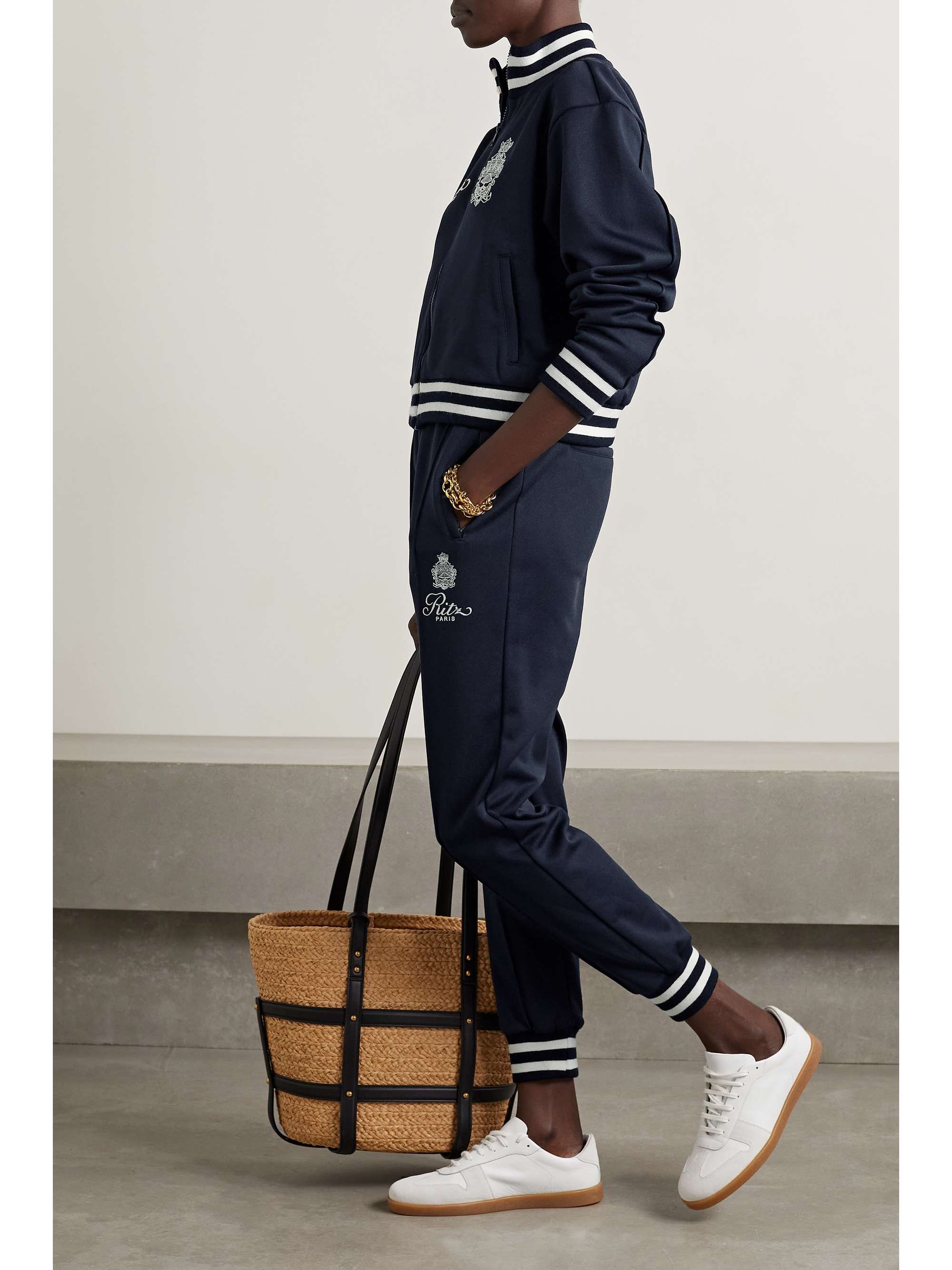FRAME + Ritz Paris striped embroidered jersey track pants NETAPORTER