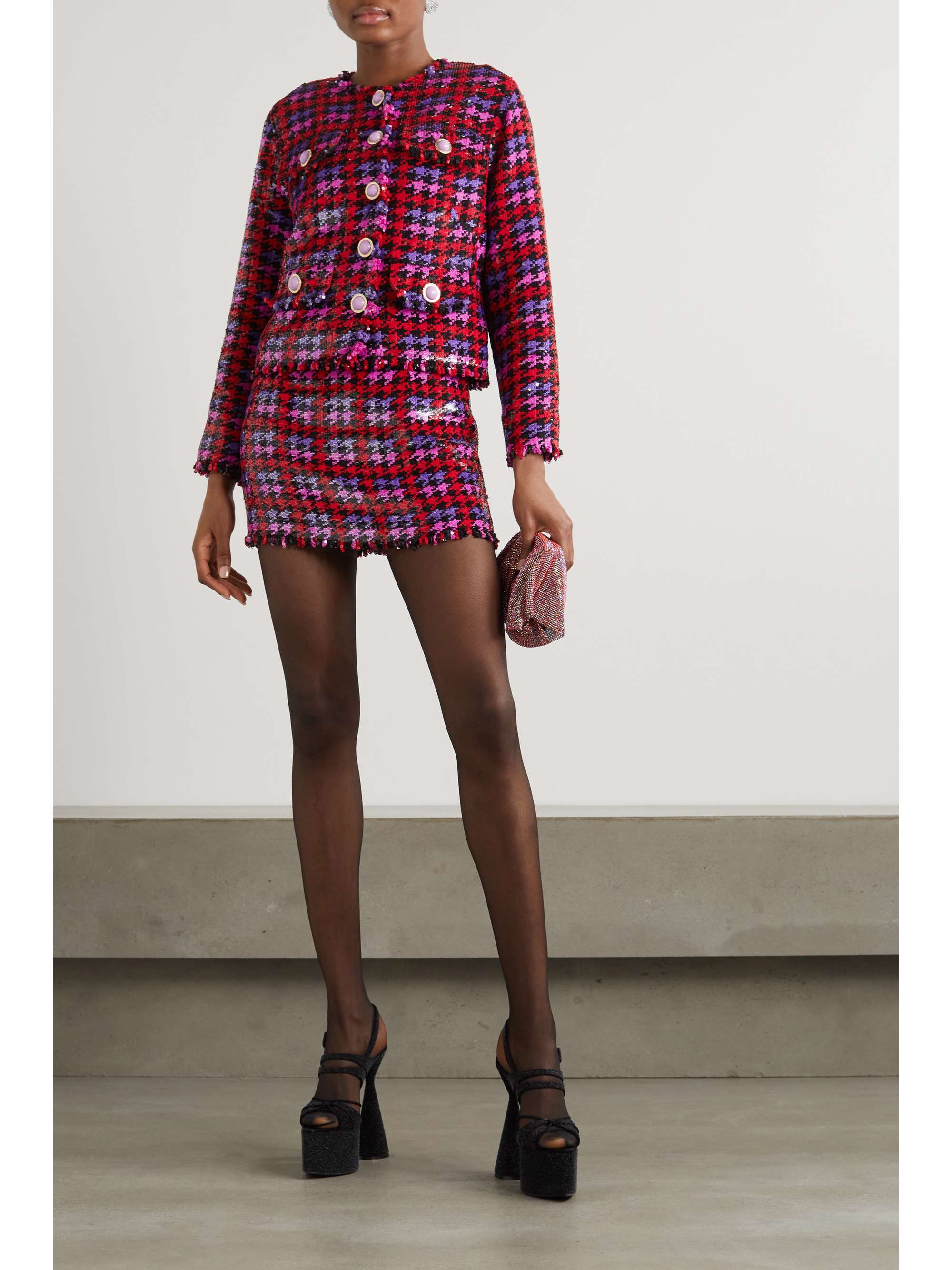 ASHISH Cropped houndstooth sequined cotton jacket