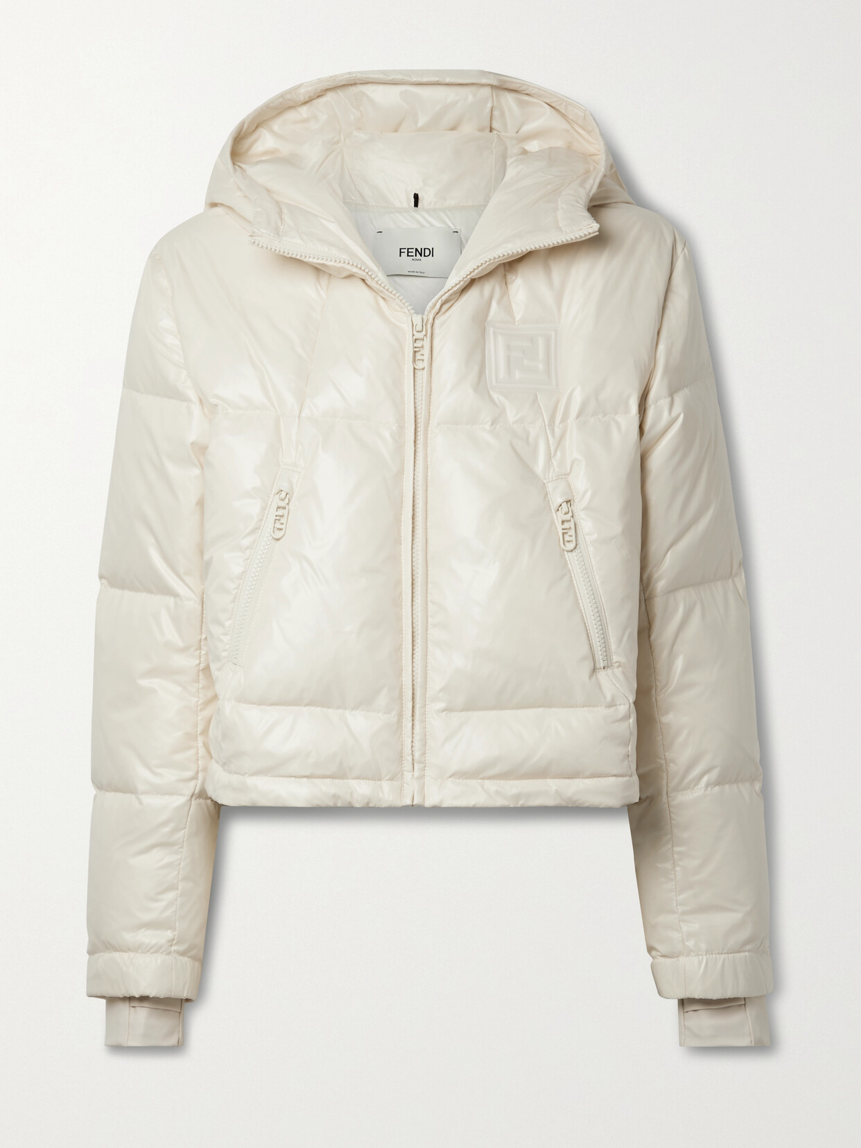 Fendi - Leather-trimmed Hooded Quilted Down Jacket - Ecru