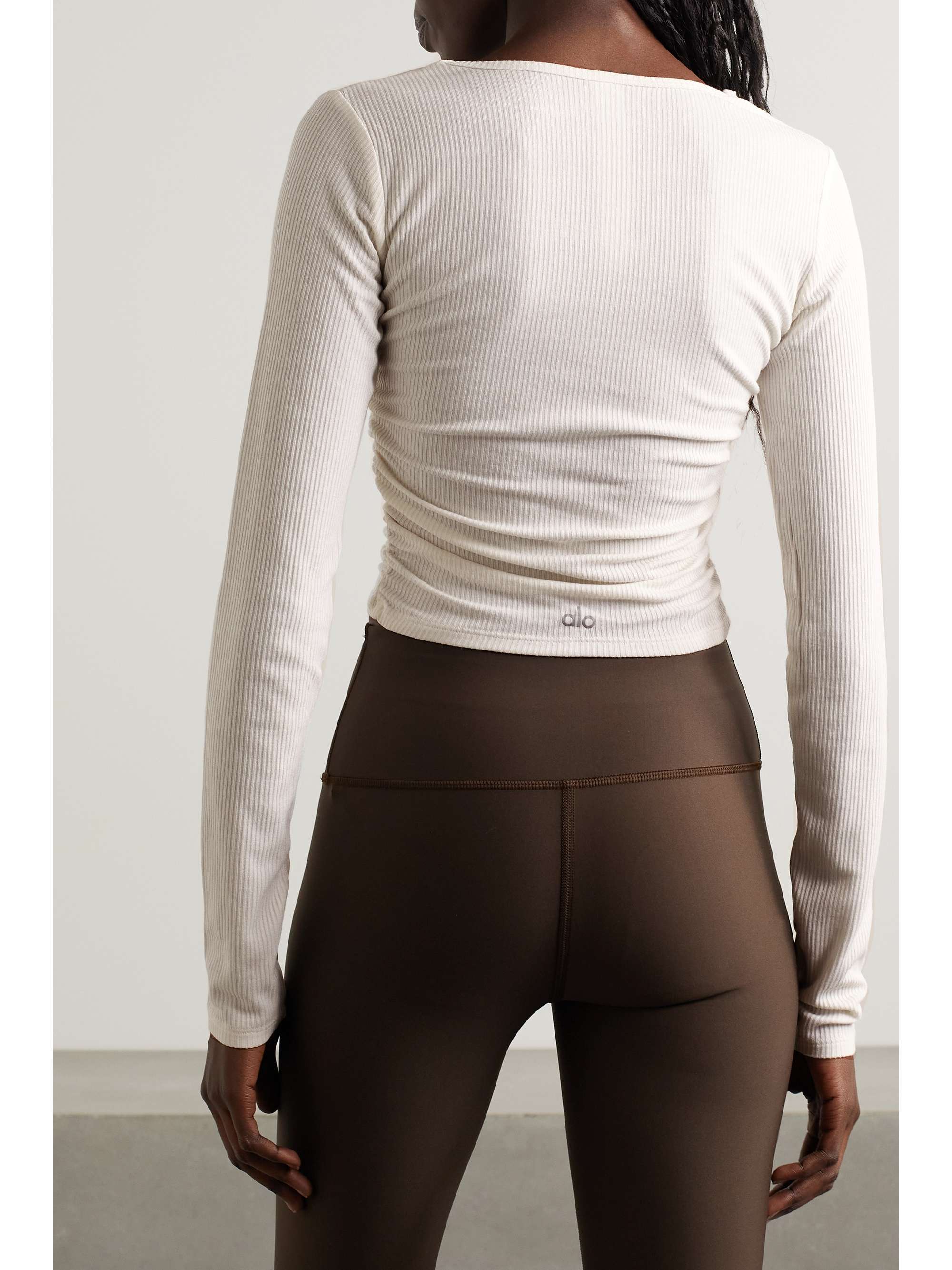 ALO YOGA Cropped gathered ribbed stretch-modal top