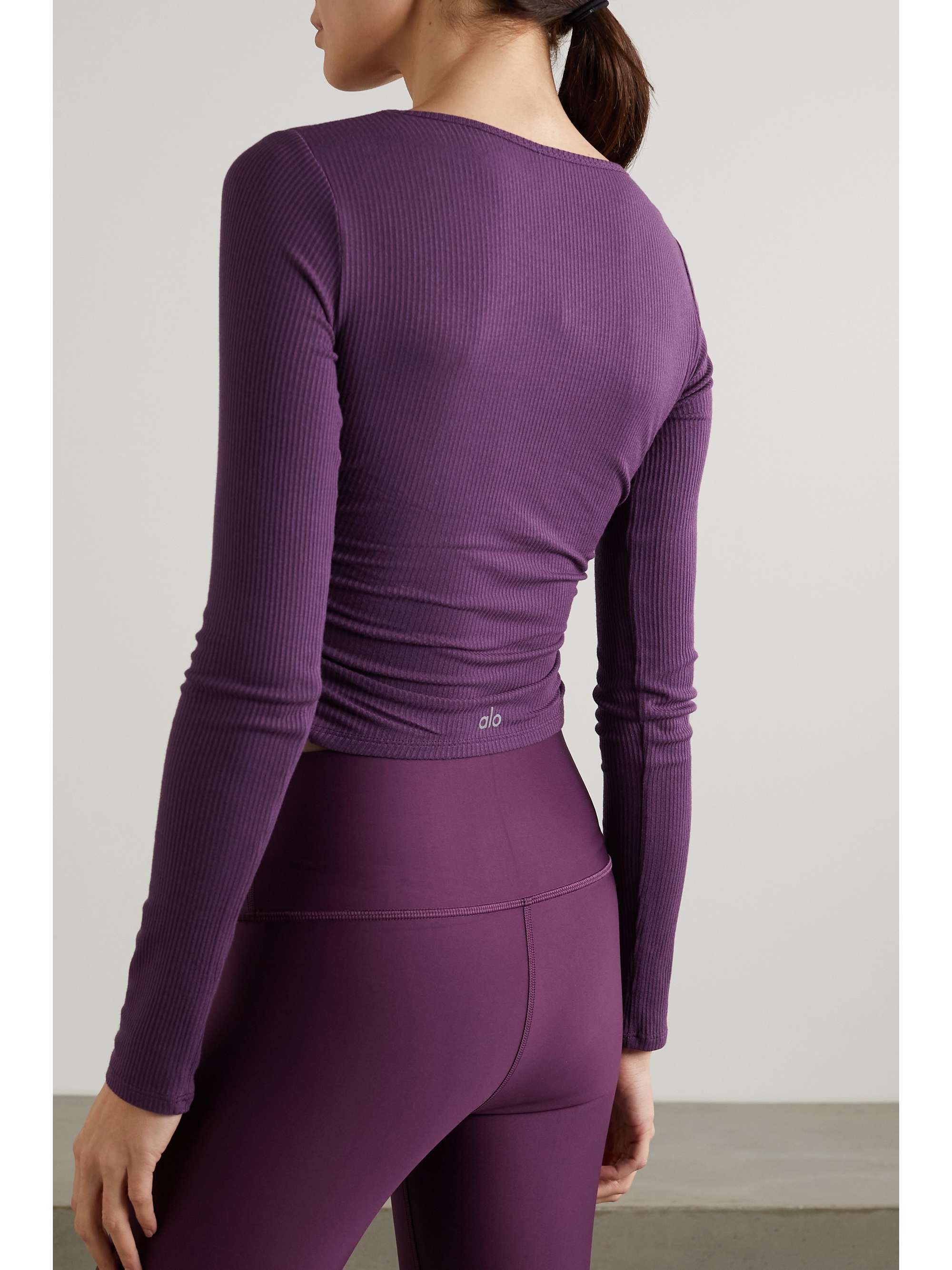 ALO YOGA Cropped gathered ribbed stretch-modal top