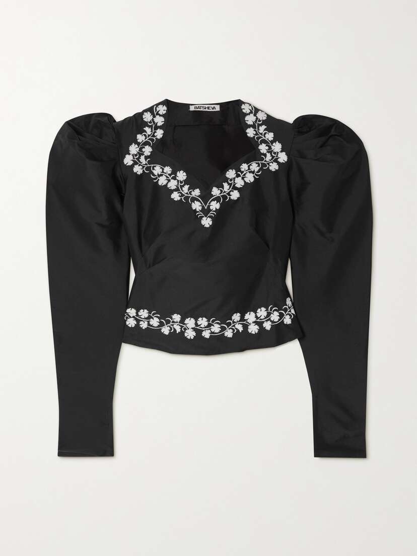 Batsheva Ines Cropped Embroidered Duchesse-satin Blouse