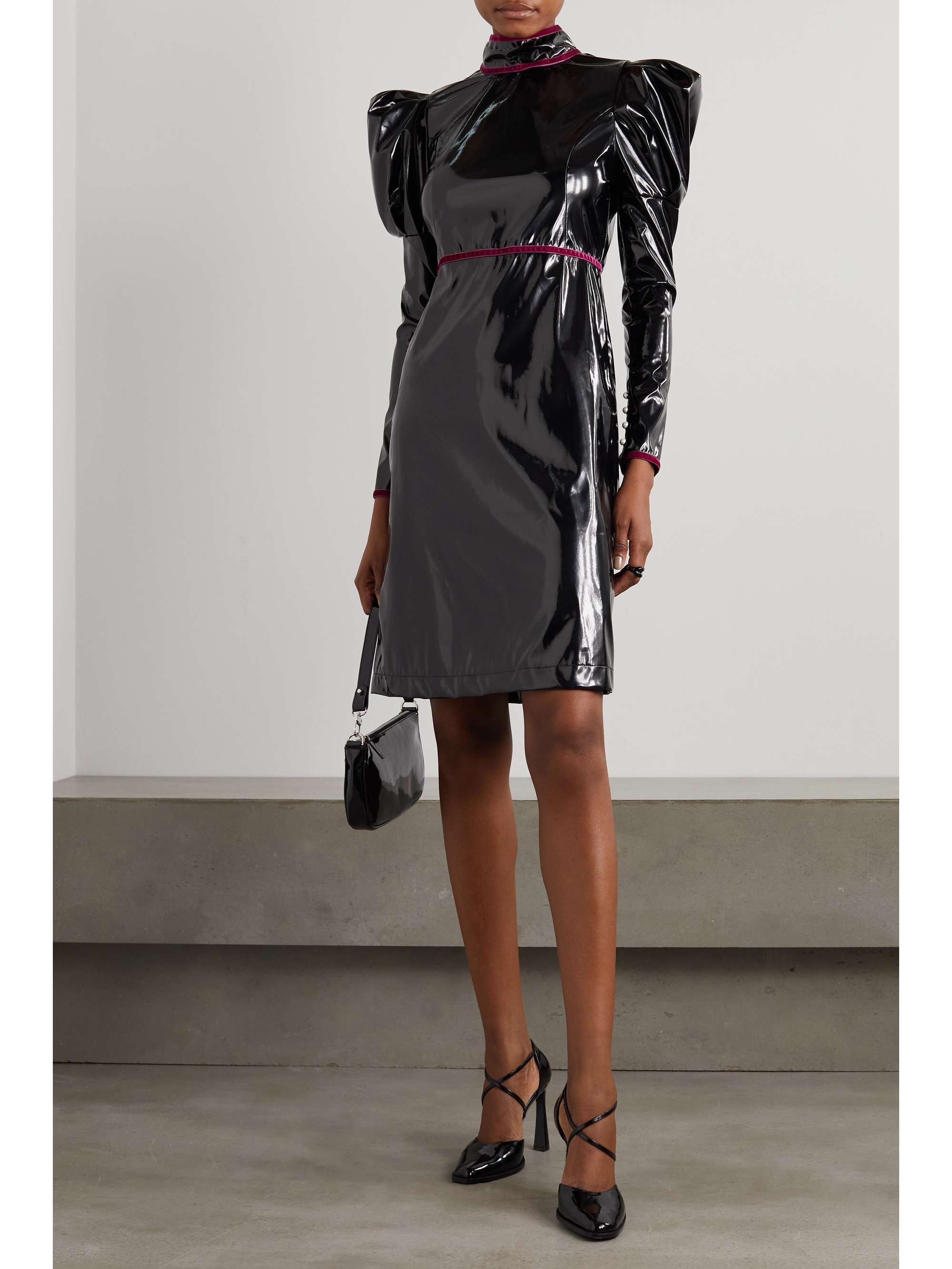 BATSHEVA Tate velvet-trimmed vinyl midi dress