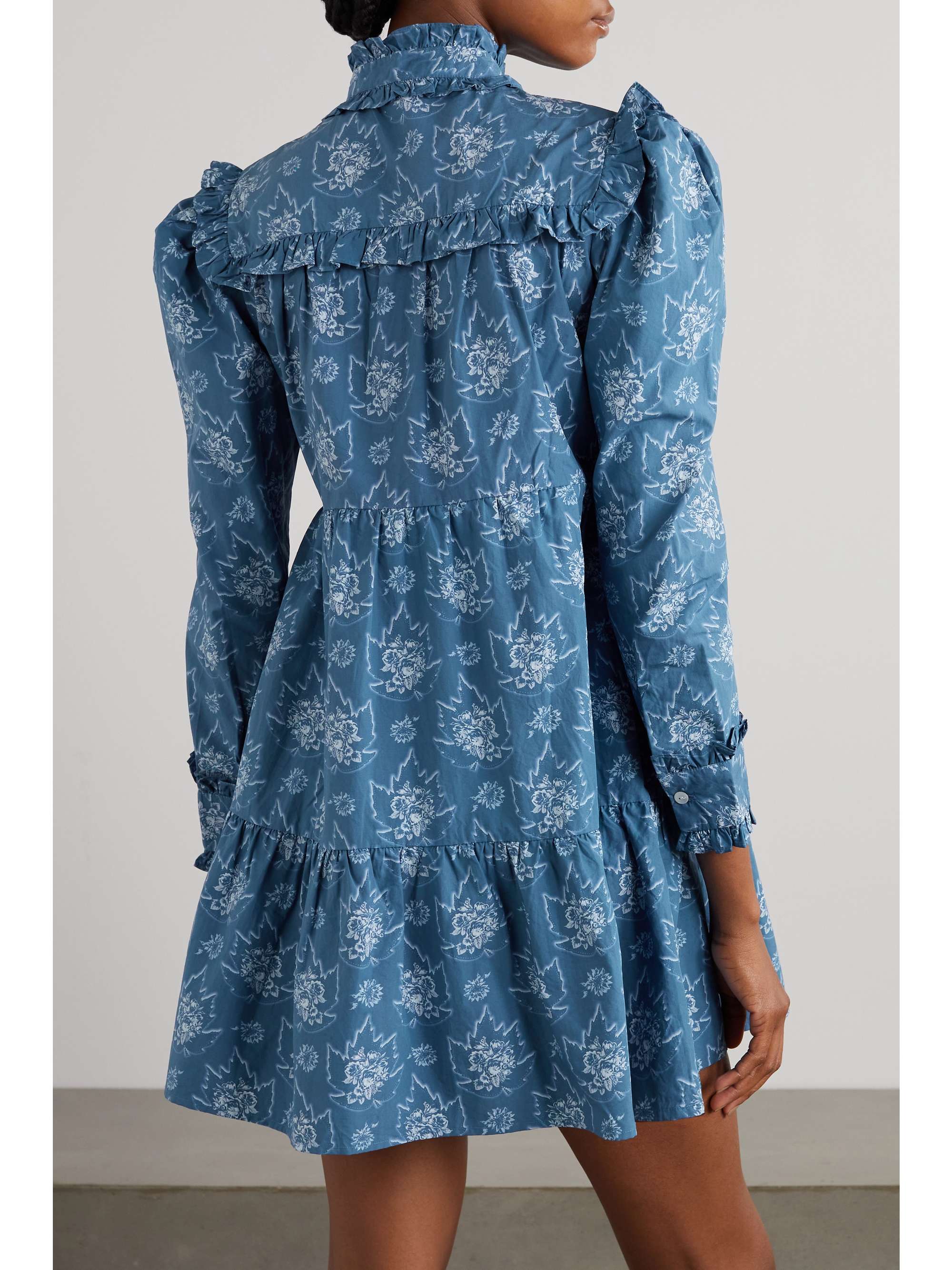 Blue Mina tieneck ruffled floralprint cottonpoplin mini dress