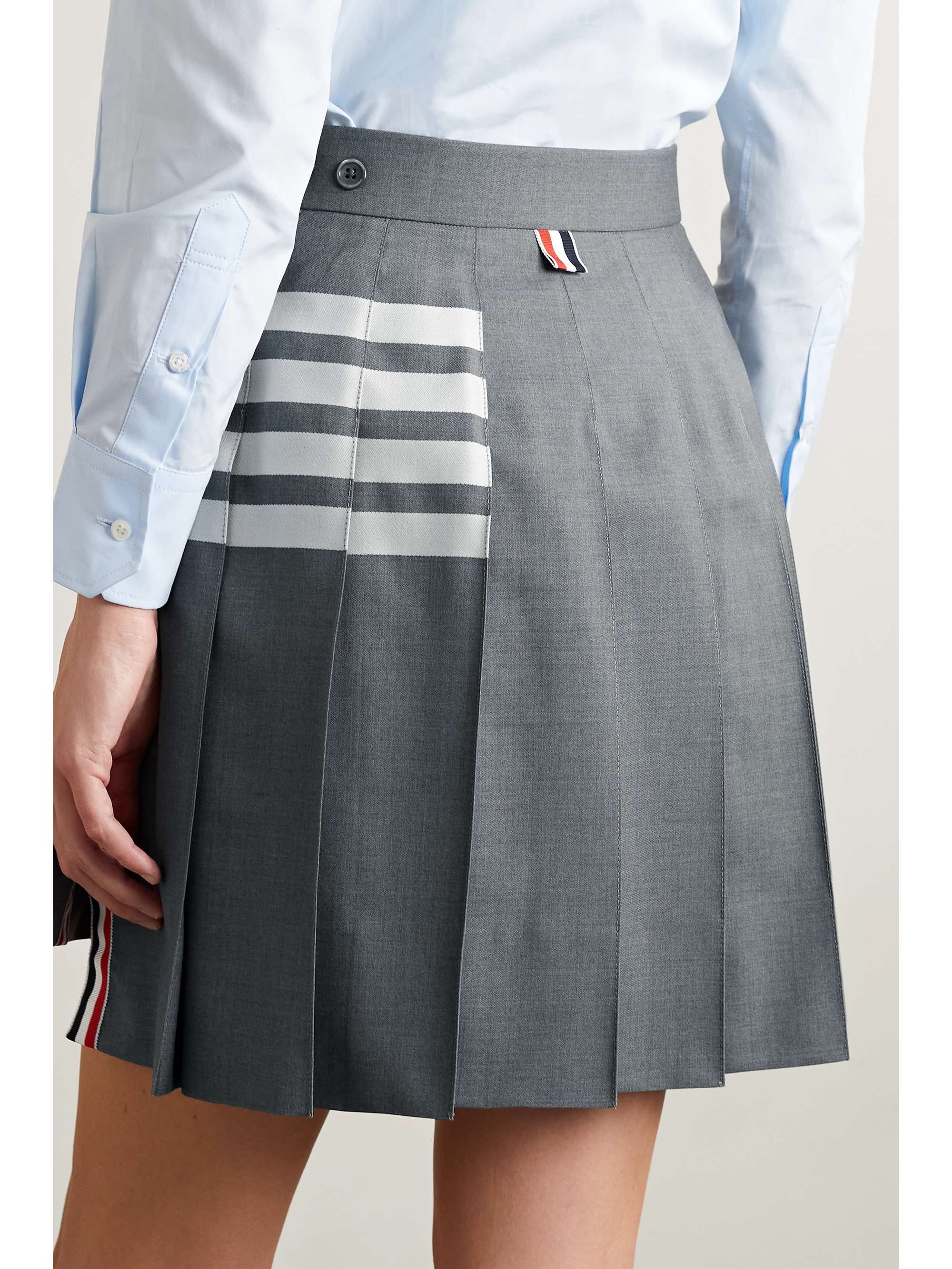 THOM BROWNE Grosgrain-trimmed pleated striped wool mini skirt
