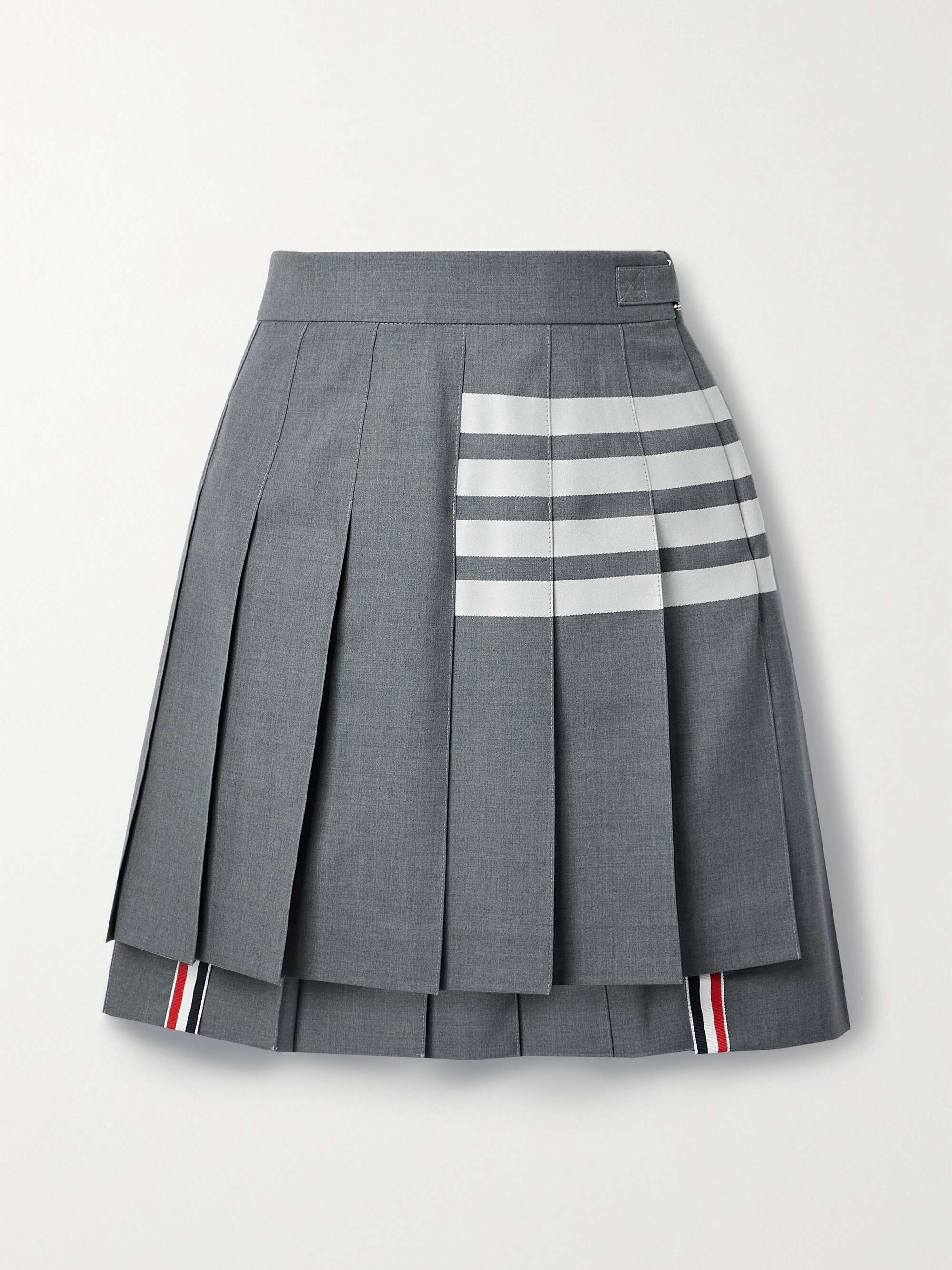THOM BROWNE Grosgrain-trimmed pleated striped wool mini skirt