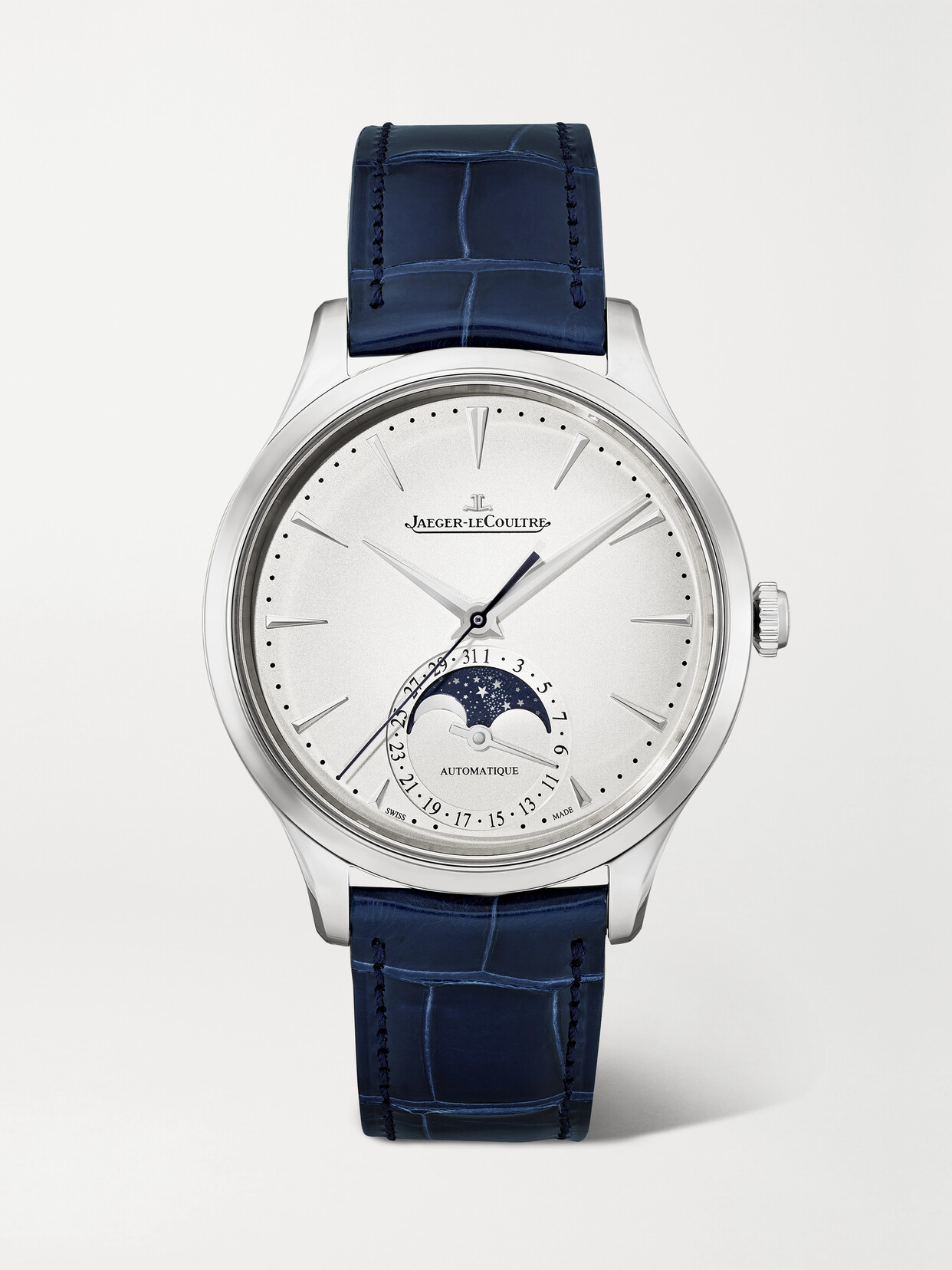 Jaeger-lecoultre Master Ultra Thin Moon Automatic 36mm Stainless Steel And Alligator Watch In Silver