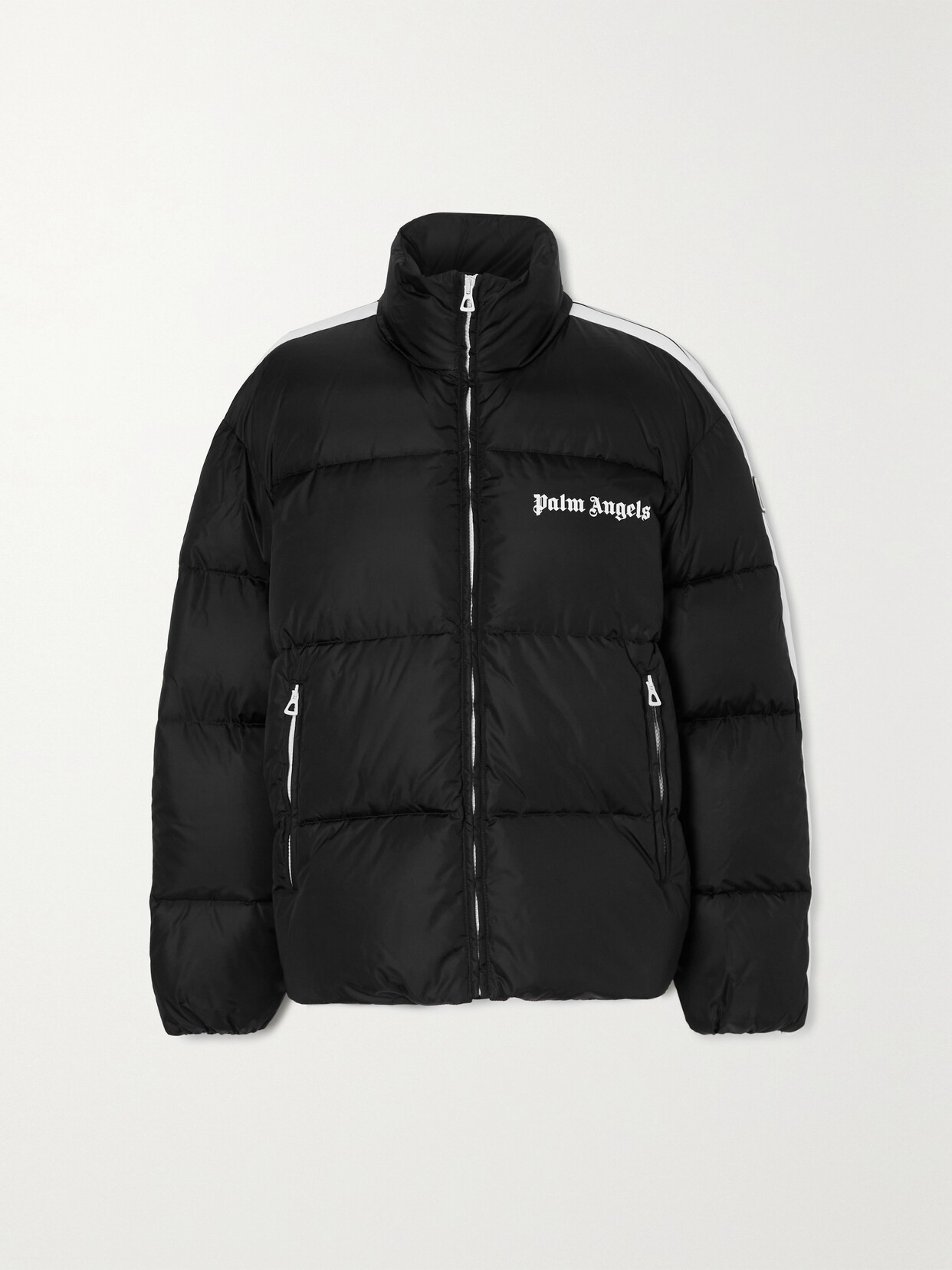 Palm Angels Striped Webbing-trimmed Padded Shell Down Jacket In Black