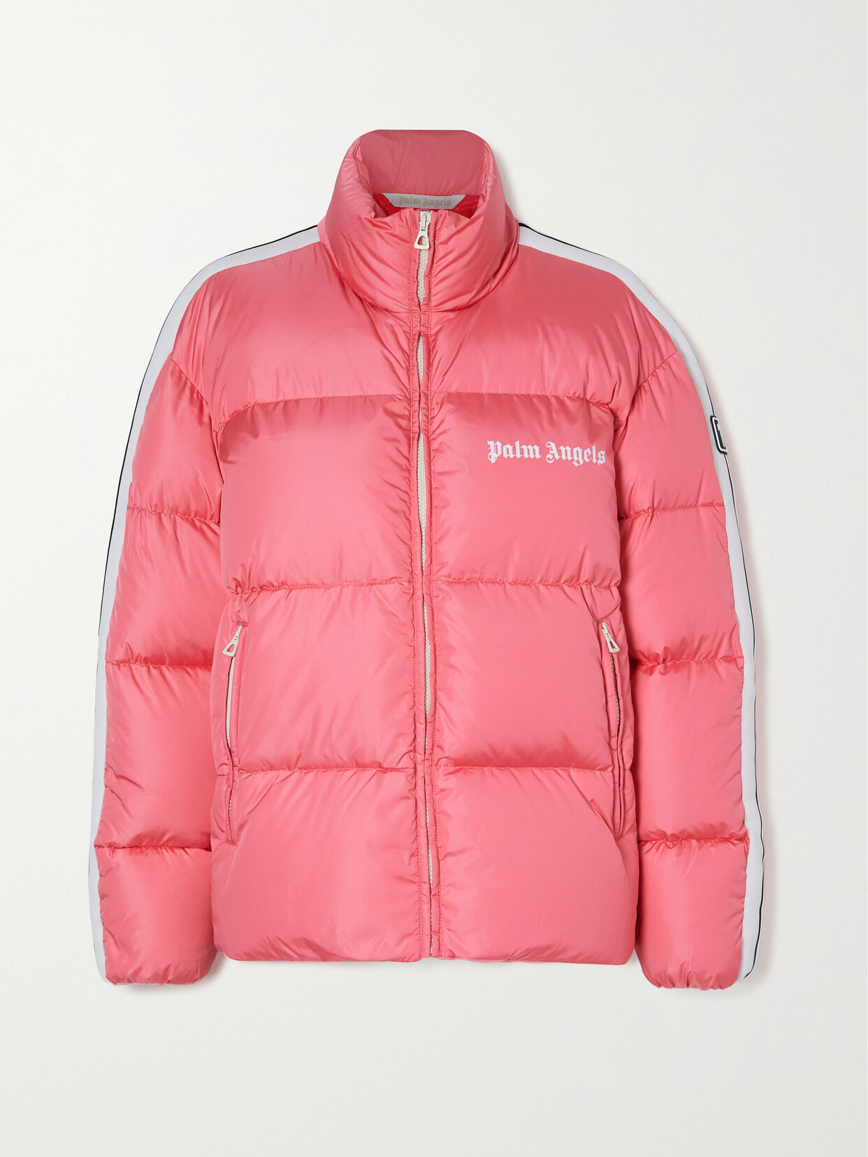 Palm Angels Striped Webbing-trimmed Padded Shell Down Jacket In Pink