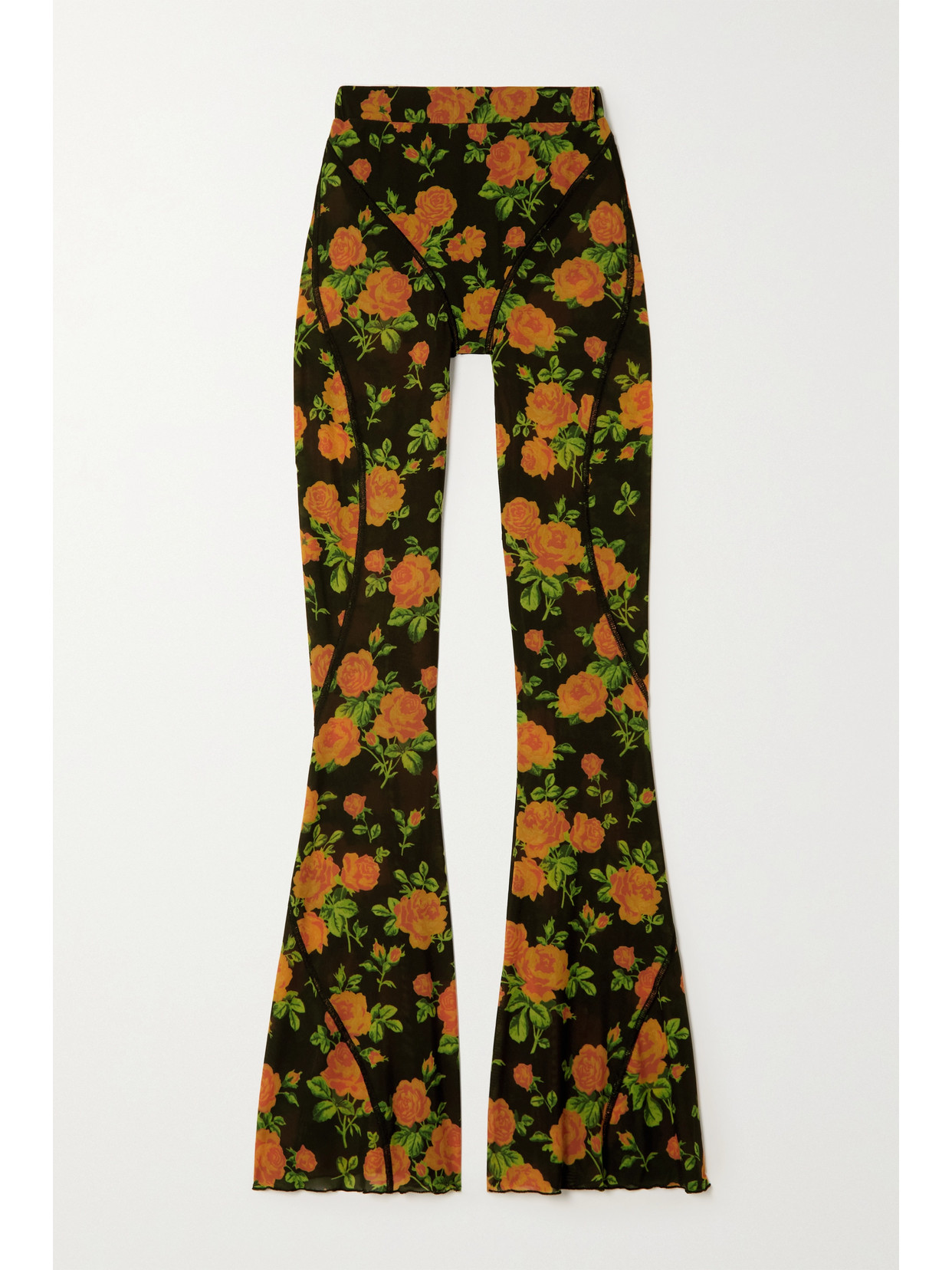 Richard Quinn - Paneled Floral-print Stretch-mesh Flared Pants - Orange