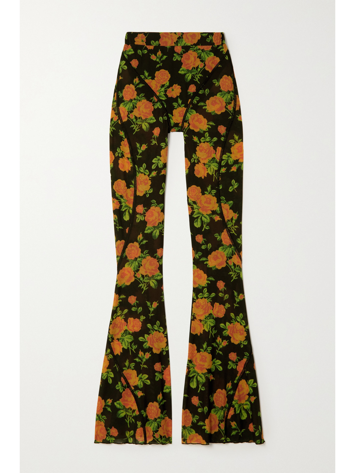 Richard Quinn Paneled Floral-print Stretch-mesh Flared Pants In Orange