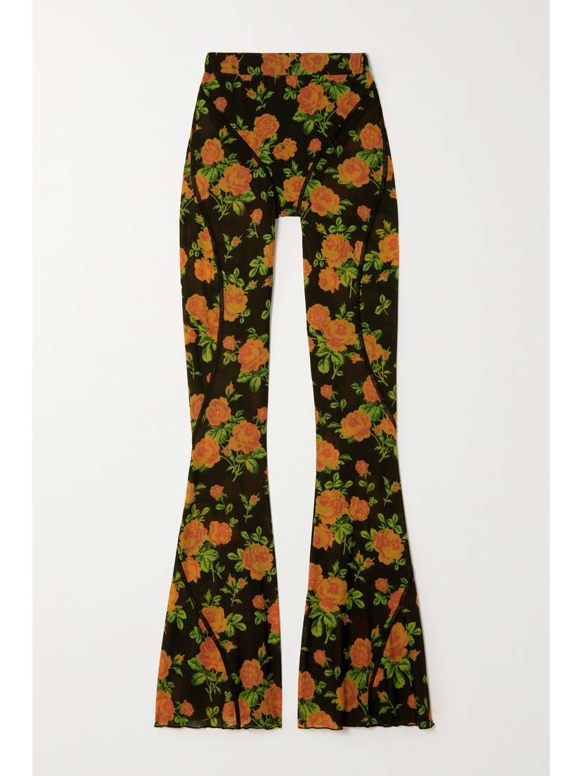 Richard Quinn Paneled Floral-print Stretch-mesh Flared Pants - UK 12