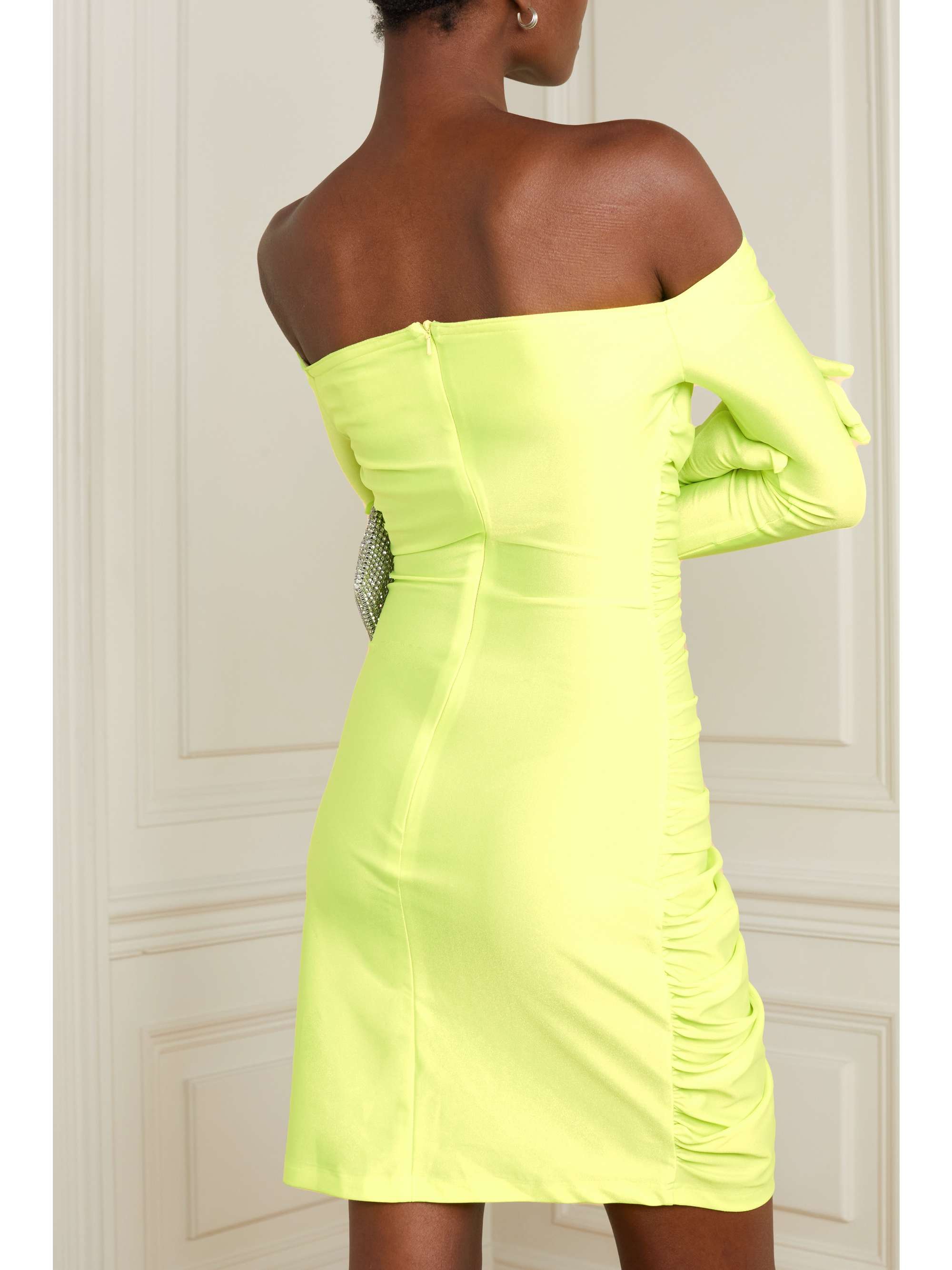 RICHARD QUINN Off-the-shoulder ruched neon stretch-jersey mini dress