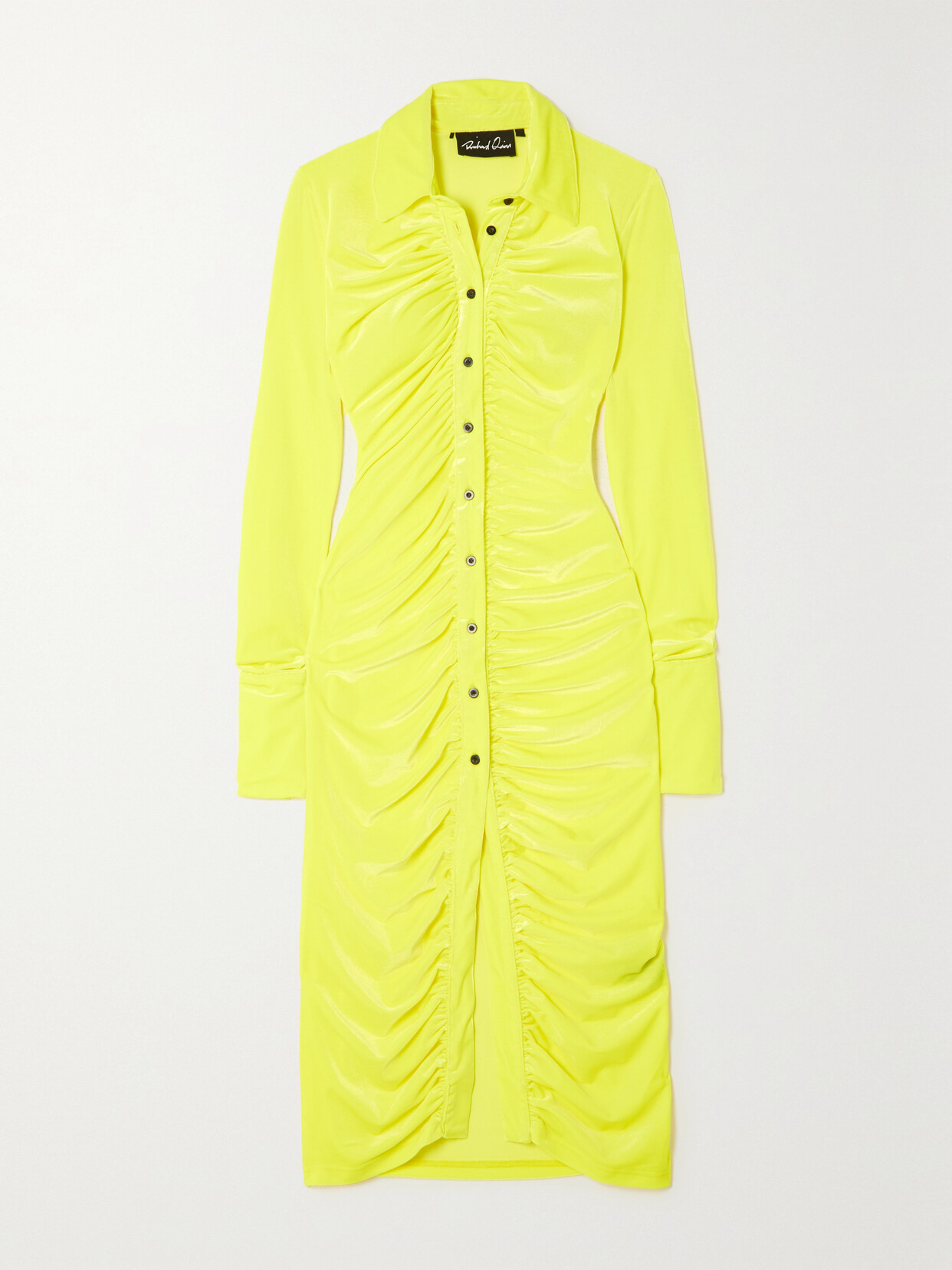 Shop Richard Quinn Ruched Neon Stretch-velvet Midi Shirt Dress In Yellow