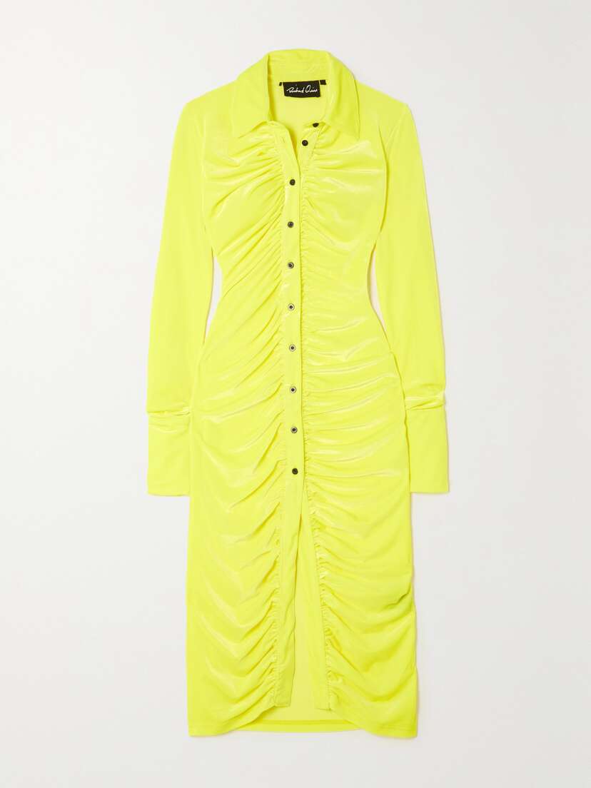 Richard Quinn Ruched Neon Stretch-velvet Midi Shirt Dress