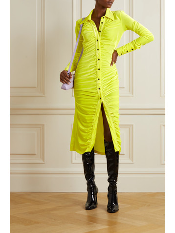 RICHARD QUINN Ruched neon stretch-velvet midi shirt dress