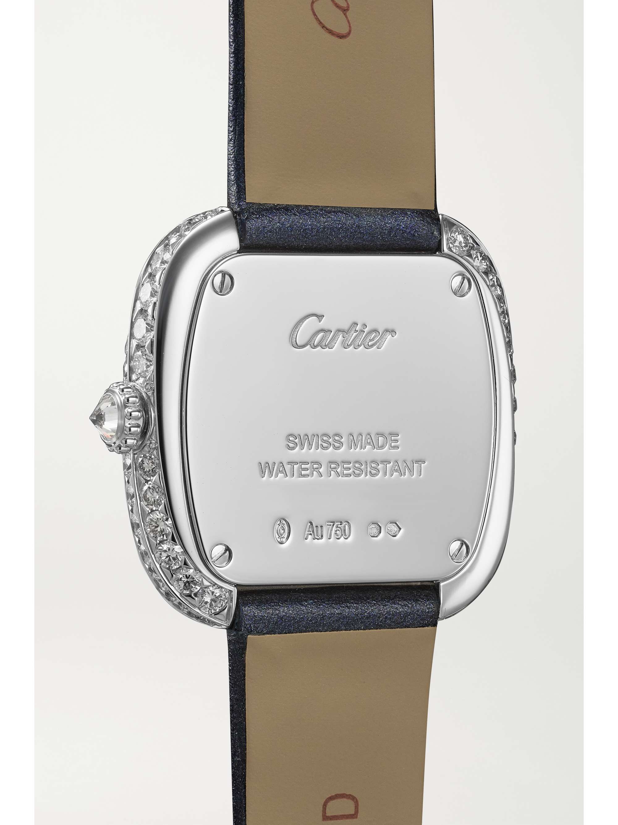 CARTIER Coussin de Cartier 30.4mm medium rhodium-plated white gold, leather and diamond watch