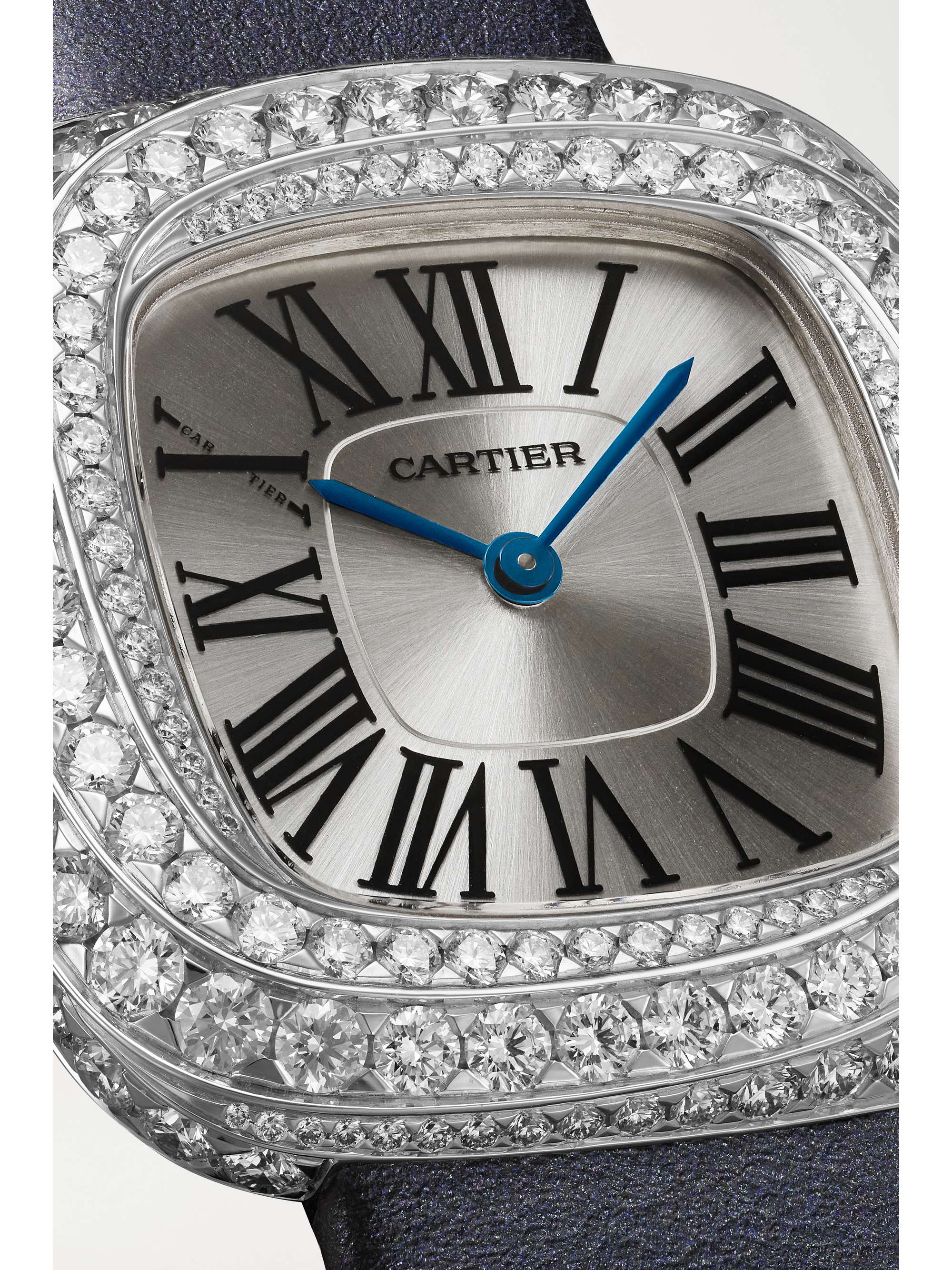 CARTIER Coussin de Cartier 30.4mm medium rhodium-plated white gold, leather and diamond watch
