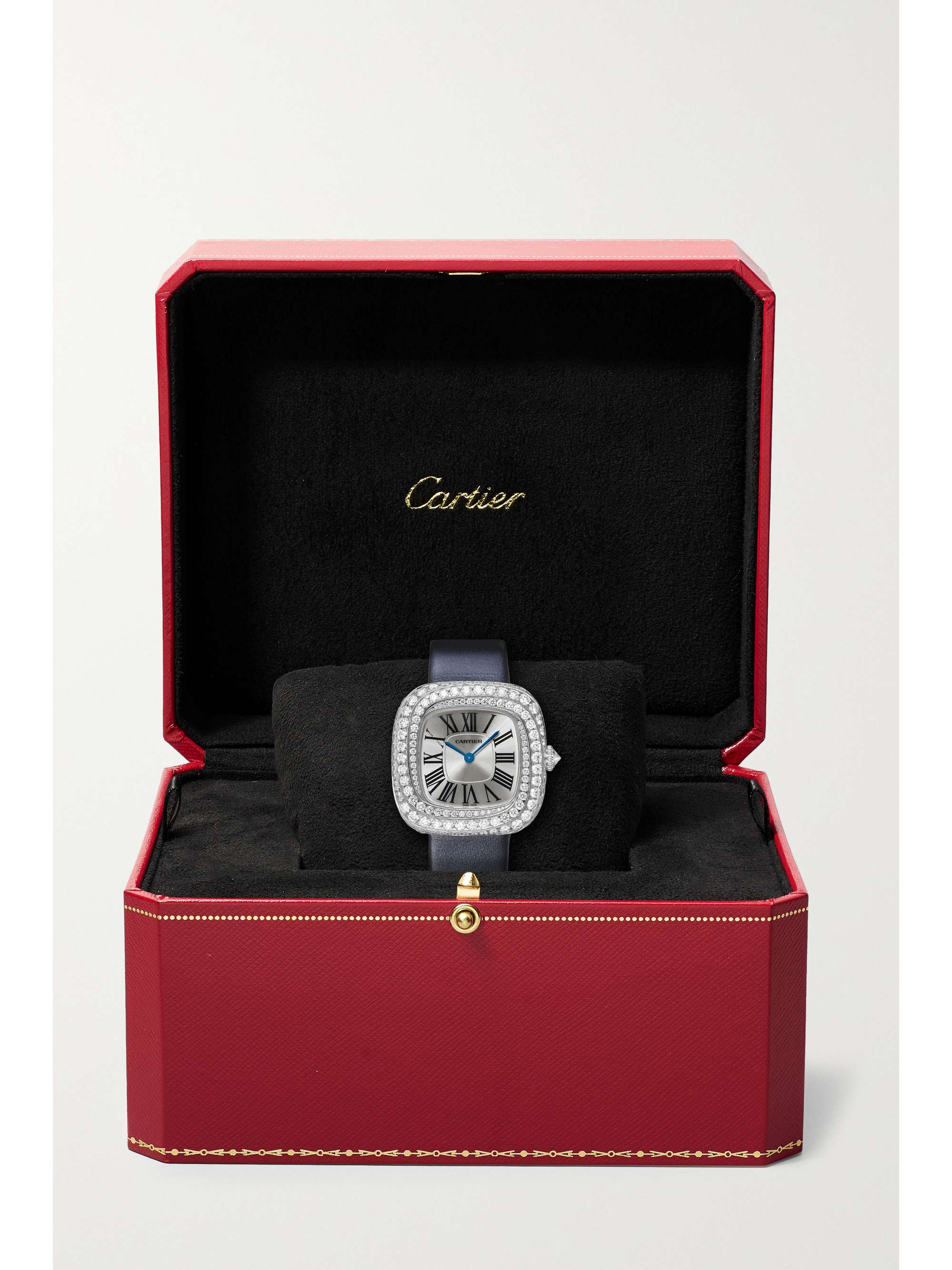 CARTIER Coussin de Cartier 30.4mm medium rhodium-plated white gold, leather and diamond watch