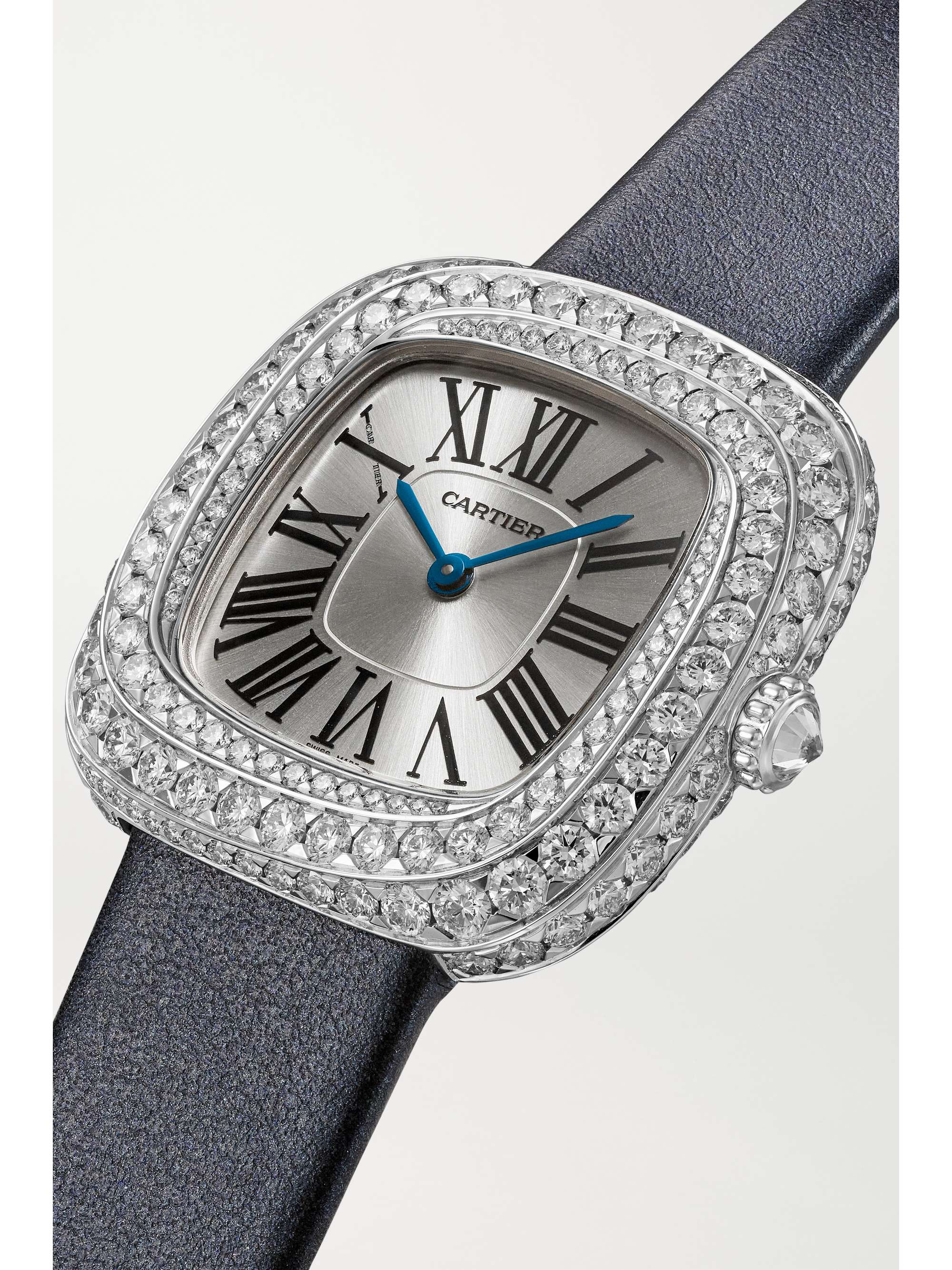 CARTIER Coussin de Cartier 30.4mm medium rhodium-plated white gold, leather and diamond watch
