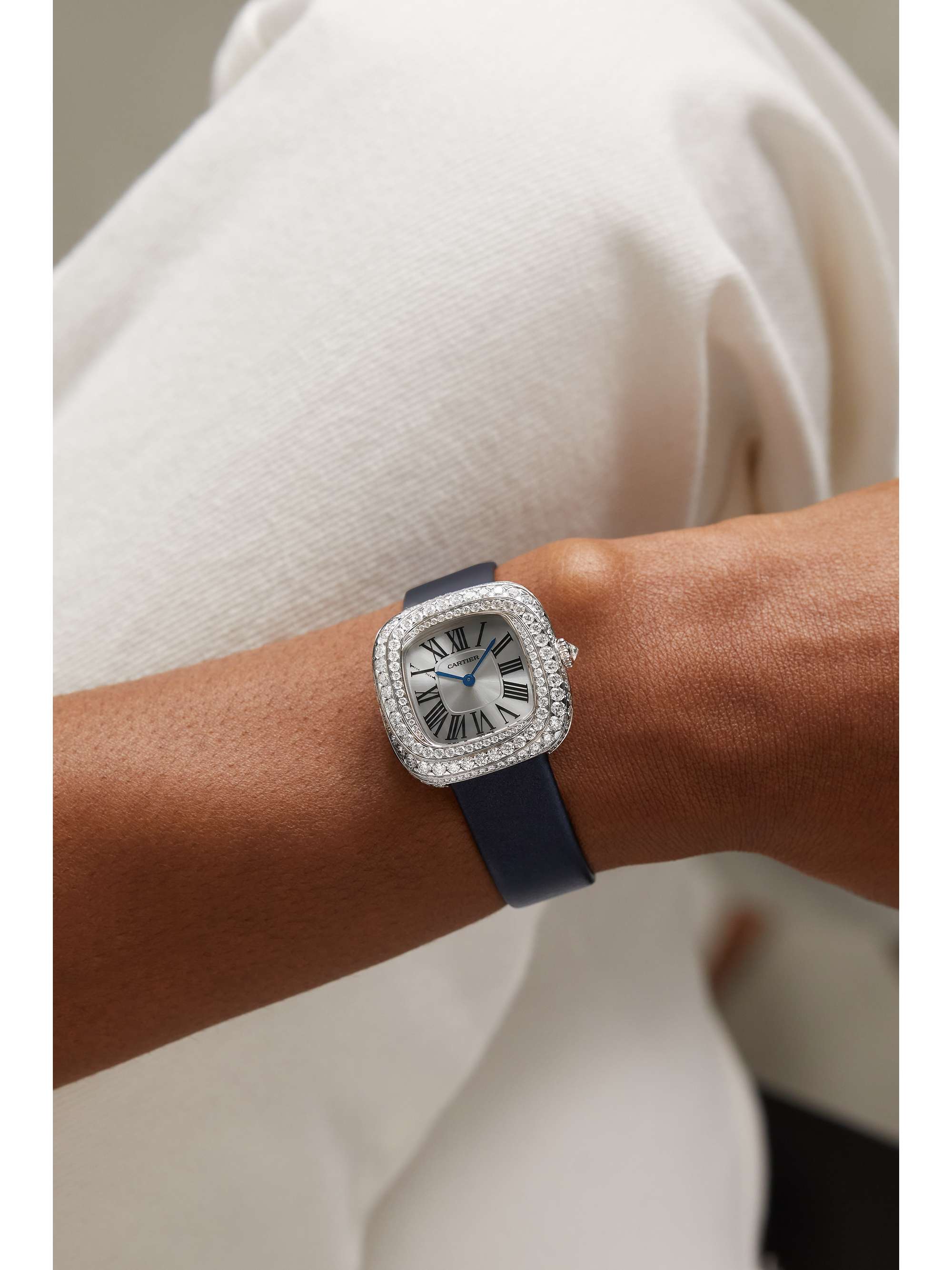 CARTIER Coussin de Cartier 30.4mm medium rhodium-plated white gold, leather and diamond watch