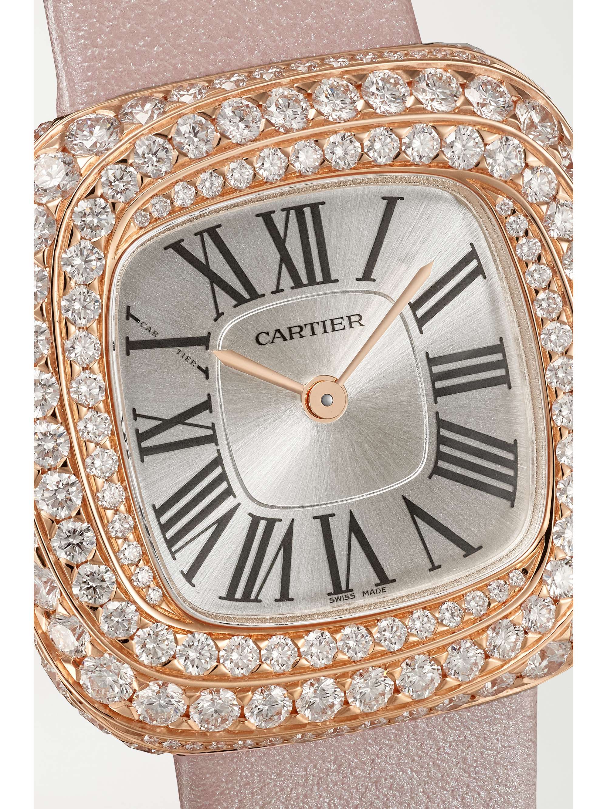 CARTIER Coussin de Cartier 30.4mm medium rhodium-plated white gold, leather and diamond watch