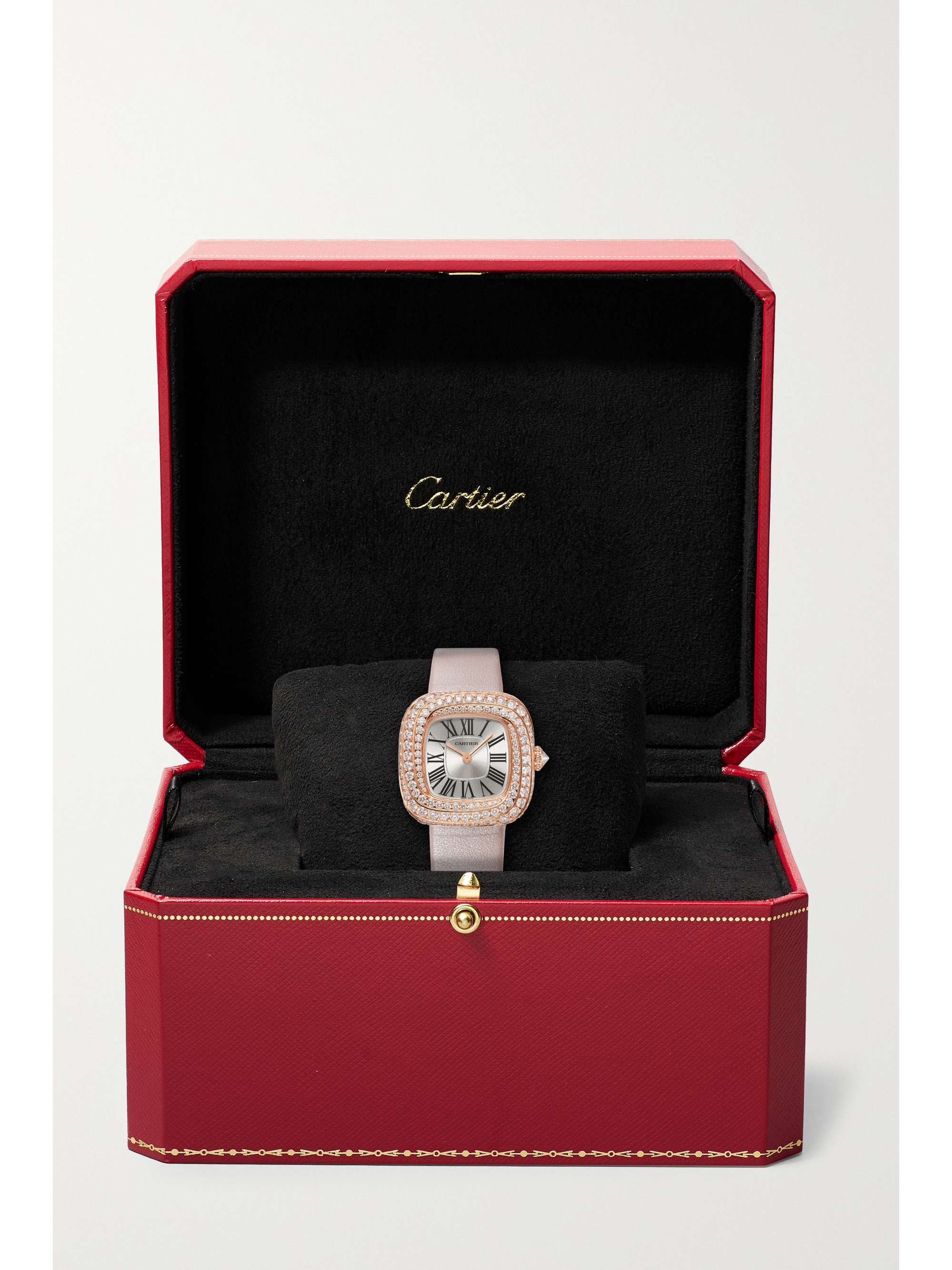 CARTIER Coussin de Cartier 30.4mm medium rhodium-plated white gold, leather and diamond watch