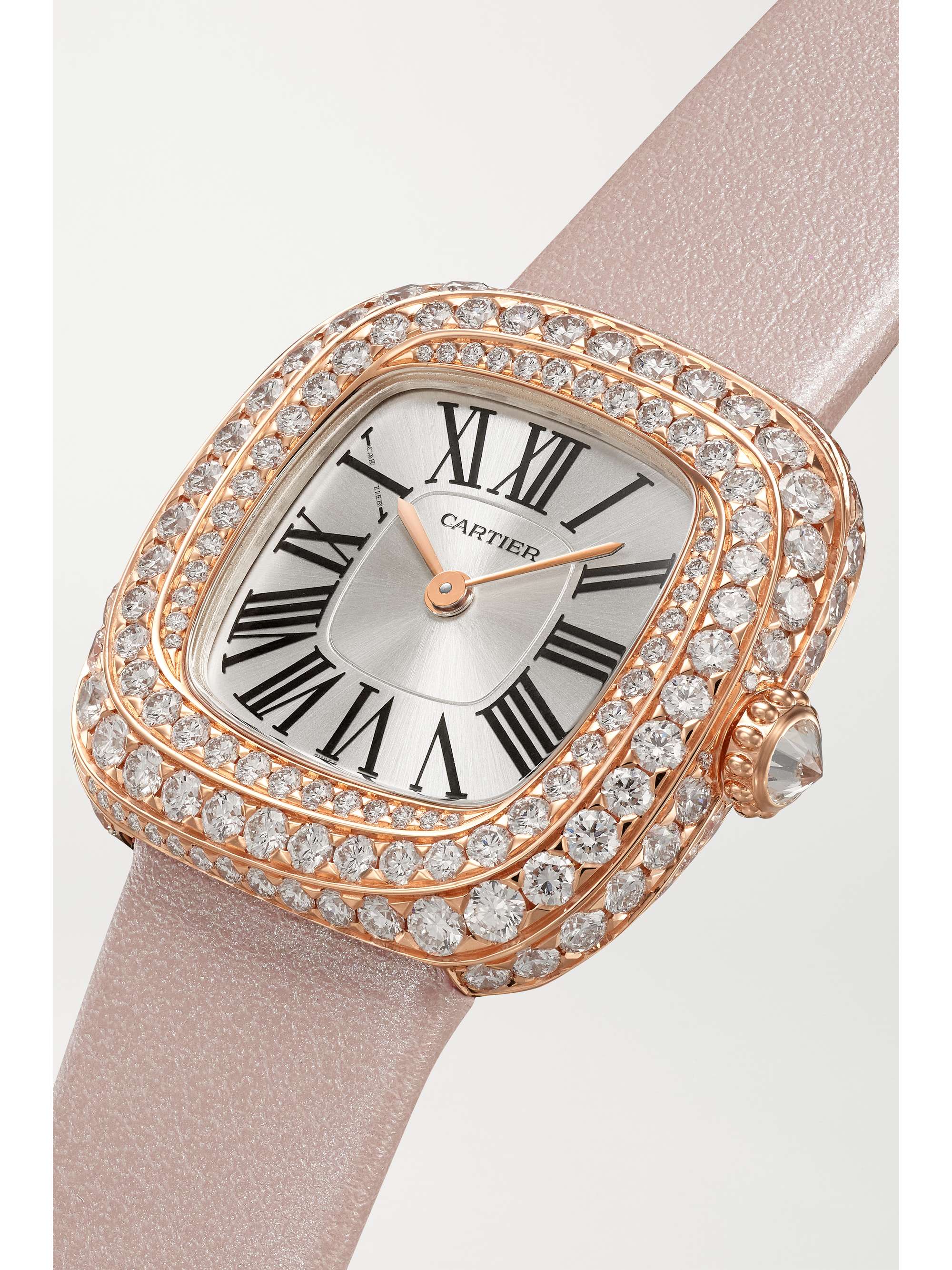 CARTIER Coussin de Cartier 30.4mm medium rhodium-plated white gold, leather and diamond watch